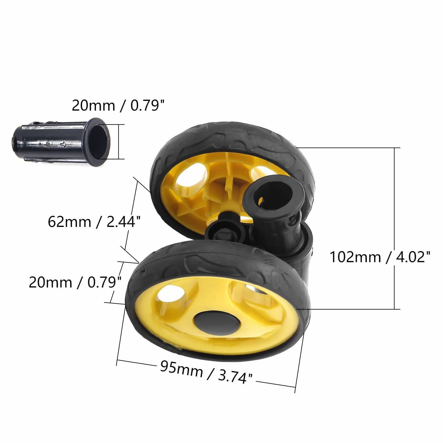 MroMax Set di ruote per passeggino da 9,2 cm x 18 mm, per tubi circolari da 19 mm, ricambio in plastica per passeggino per animali domestici, nero e giallo