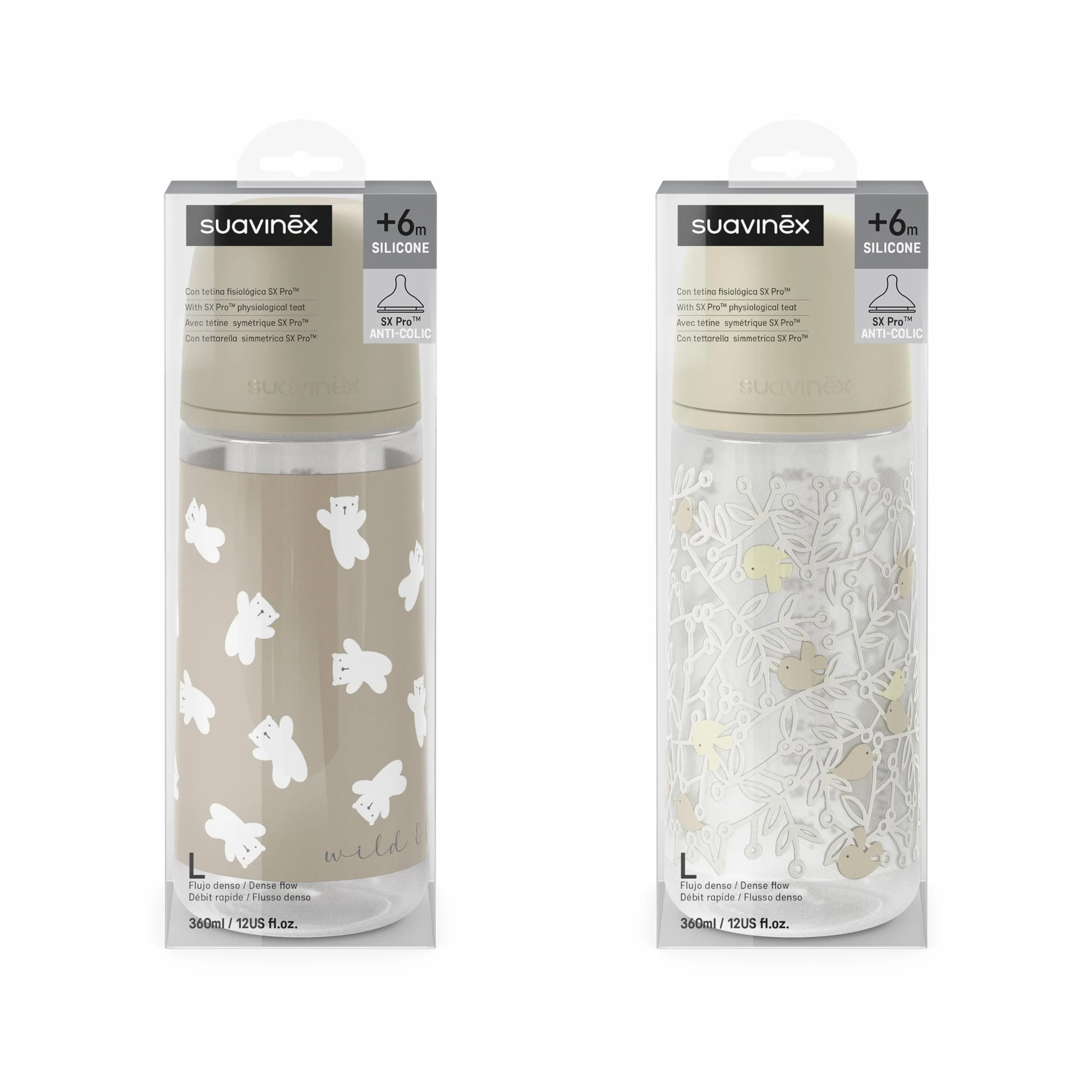 Suavinex, Confezione da 2 Biberon da 360 ml, Tettarella Fisiologica SX Pro in Silicone con Valvola Anticolica, Flusso Denso (L), Adatto per Pappa Liquida. ​​Neonati +6 Mesi. Birdies e Wild&Free, Beige