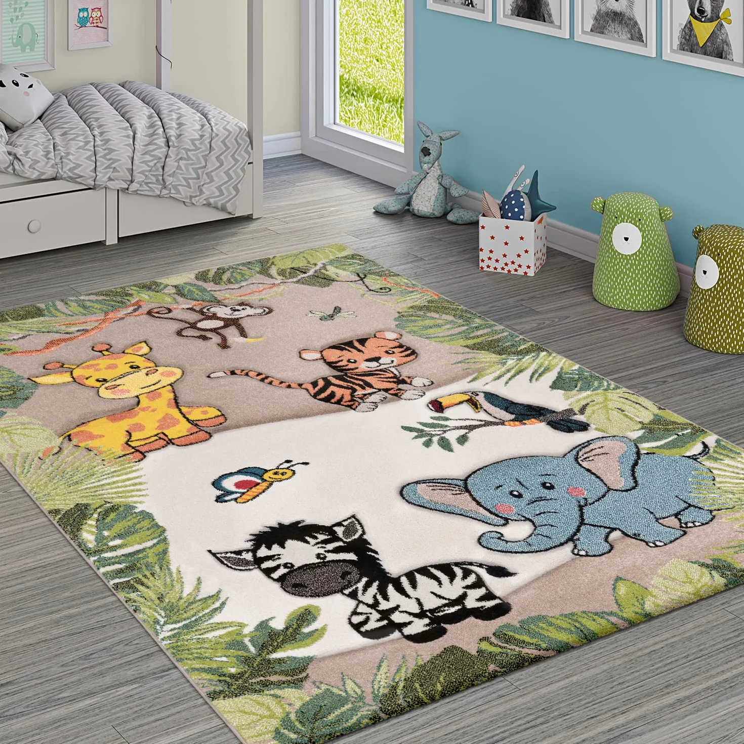 Paco Home Tappeto per bambini, giungla con animali, beige e crema, Dimensione:80x150 cm