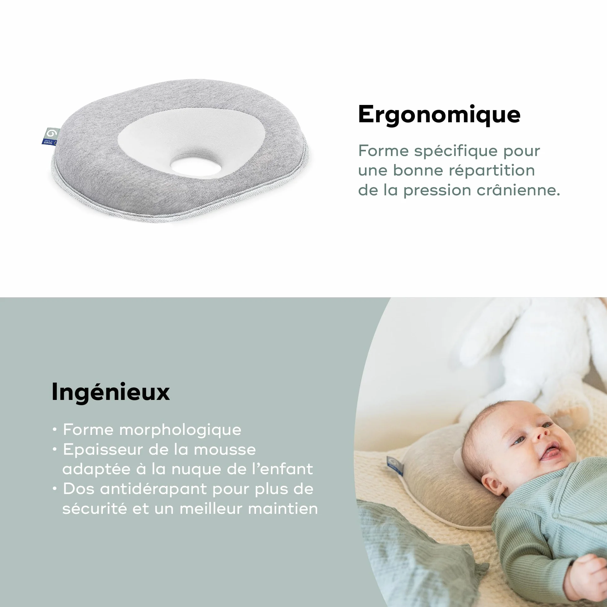 Babymoov Cosyhead Fresh Smokey, cuffia ergonomica e traspirante per bambini, made in Europe