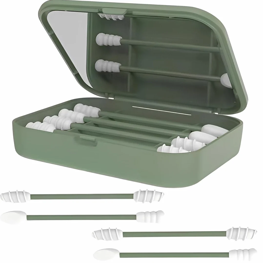 Set di 4 Cotton Fioc Riutilizzabili in Silicone per Pulizia Orecchie Neonati e Adulti, Bastoncini Lavabili per Trucco con Custodia e Specchio