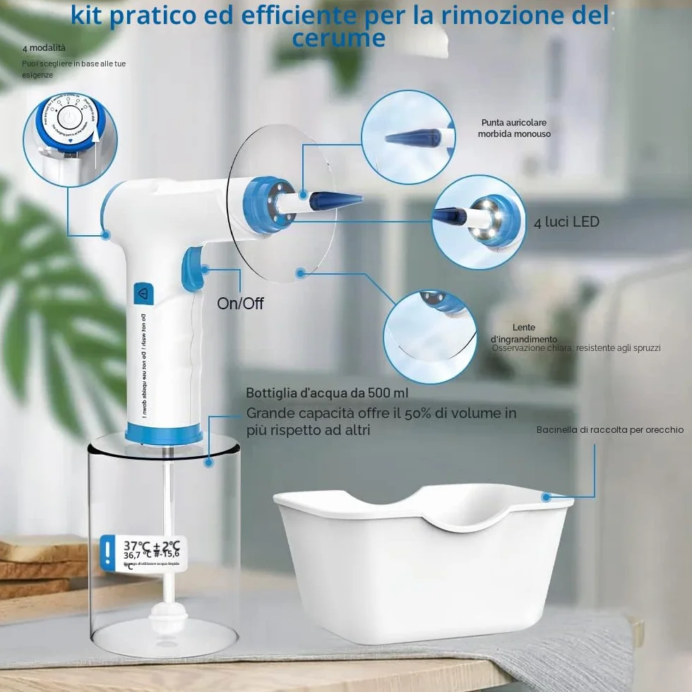 Pulitore elettrico per le orecchie, 4 Impostazioni di Modalità di Pulizia per orecchie ricaricabile, dotato di 9+1 punte per le orecchie e bacinella di cattura orecchio (10 Ohr Tipps)