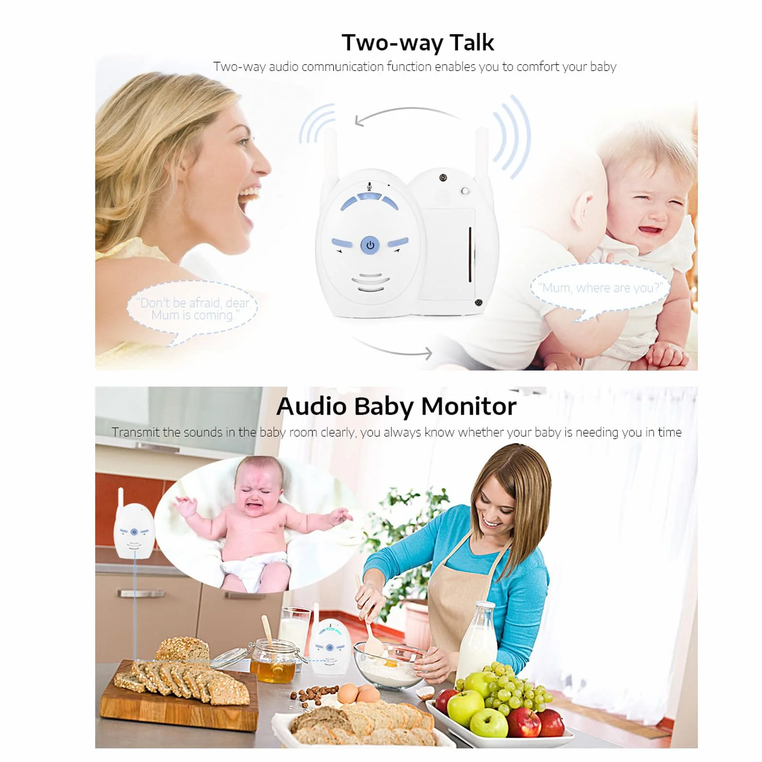 Baby Monitor Audio, Monitor Digitale per Bambini con Luce Notturna, Conversazione Bidirezionale Monitor per Bambini con Audio da 2,4 GHz Microfono e Altoparlante (Spina europea)