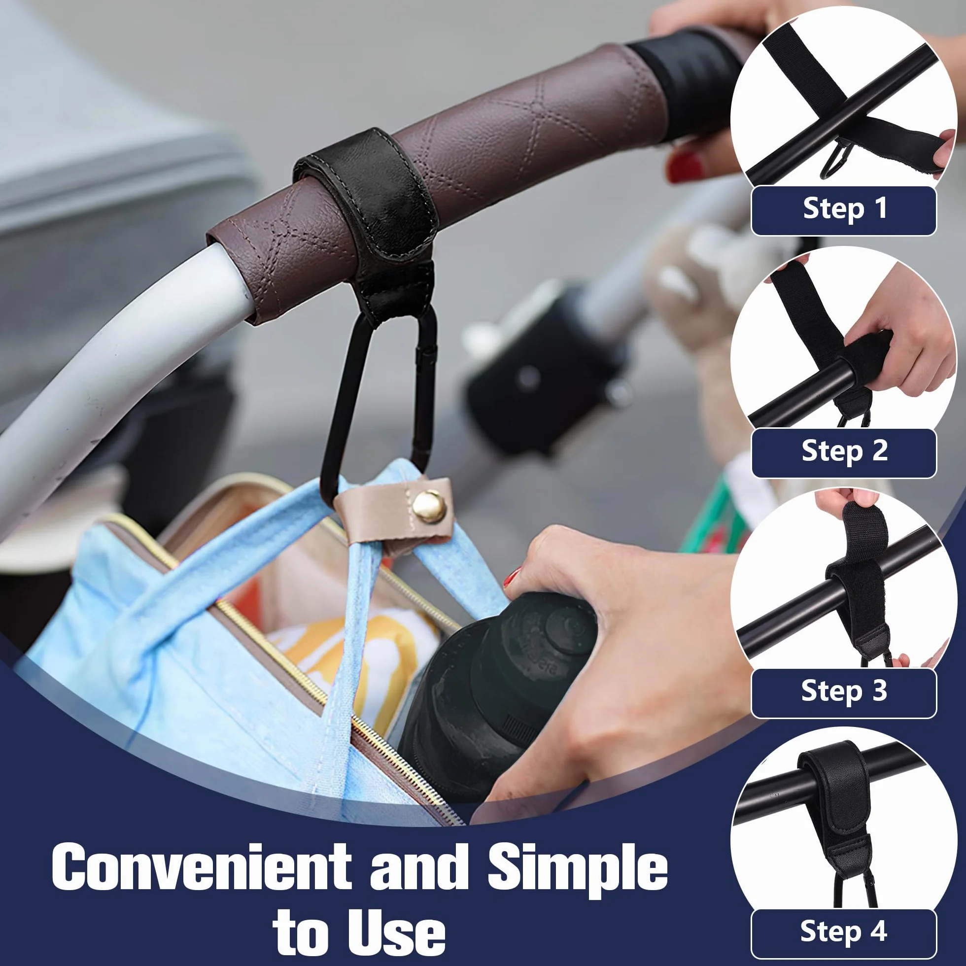 2 Pezzi Ganci per Passeggino, Moschettoni per Carrozzina Universali in Pelle, Accessori Passeggino per Porta Borse Della Spesa, Cambio Bambino, Zaini, Mamma Pannolino Borsa (Nero)