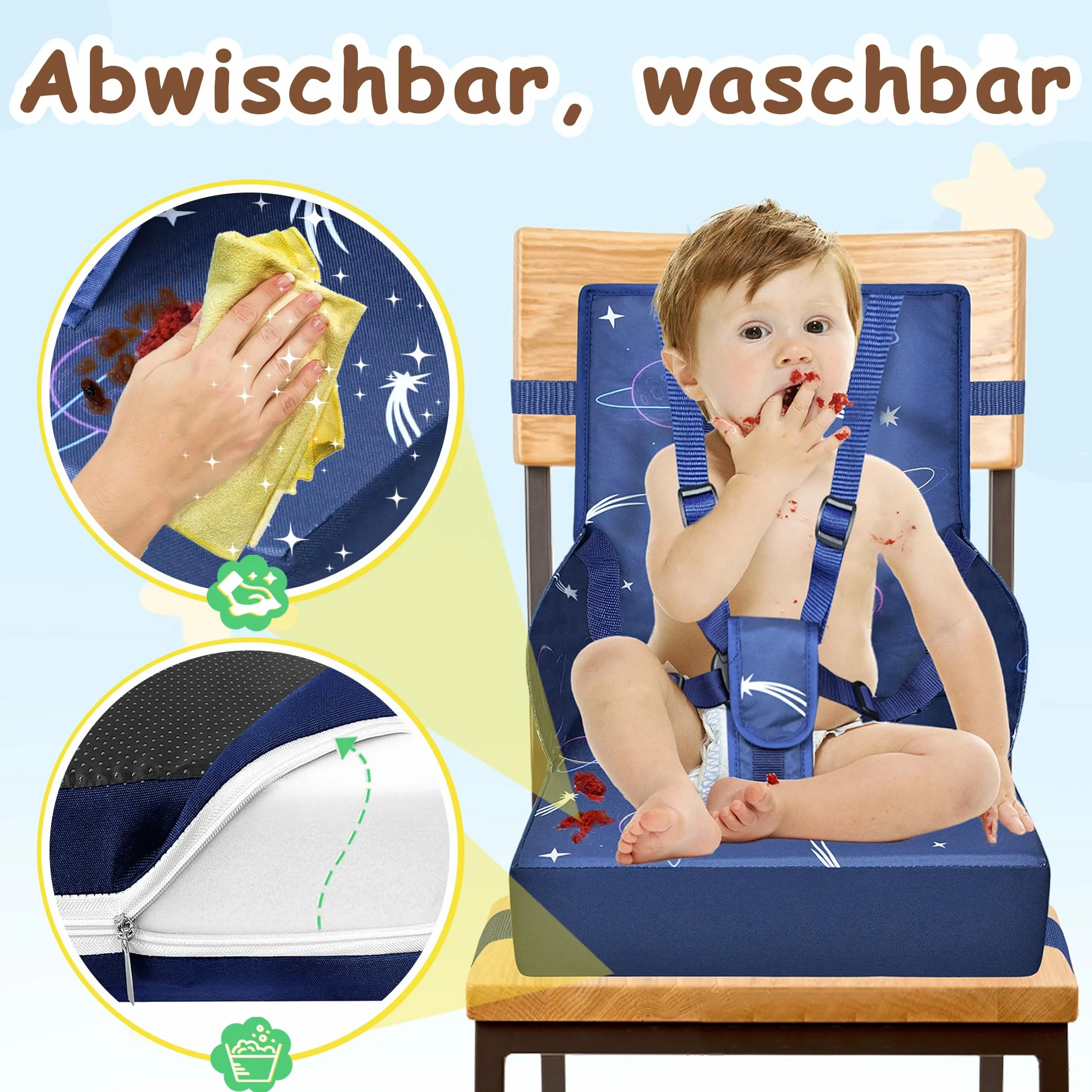 NAIZY Seggiolone rialzo per bambini, con schienale pieghevole e cintura di sicurezza a tre punti, spugne per rialzo della sedia, colore blu