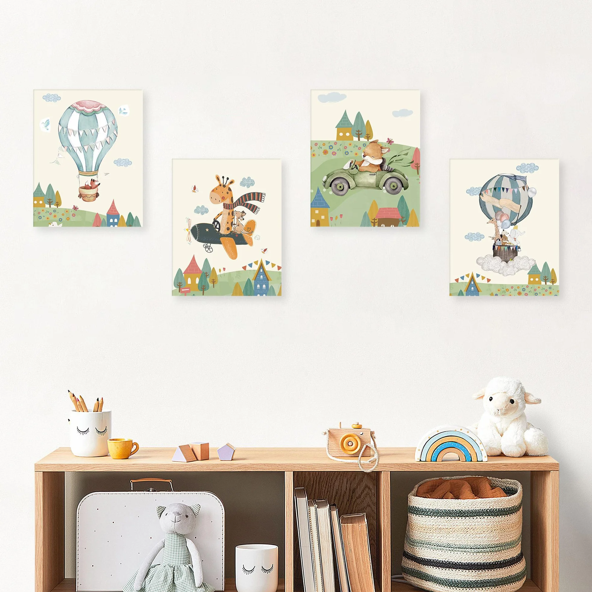 KAIRNE Set di 4 poster con animali, per la cameretta dei bambini, con cornice (20 x 25 cm), con mongolfiera, immagini da parete per la cameretta dei bambini, decorazione per la giungla e gli animali