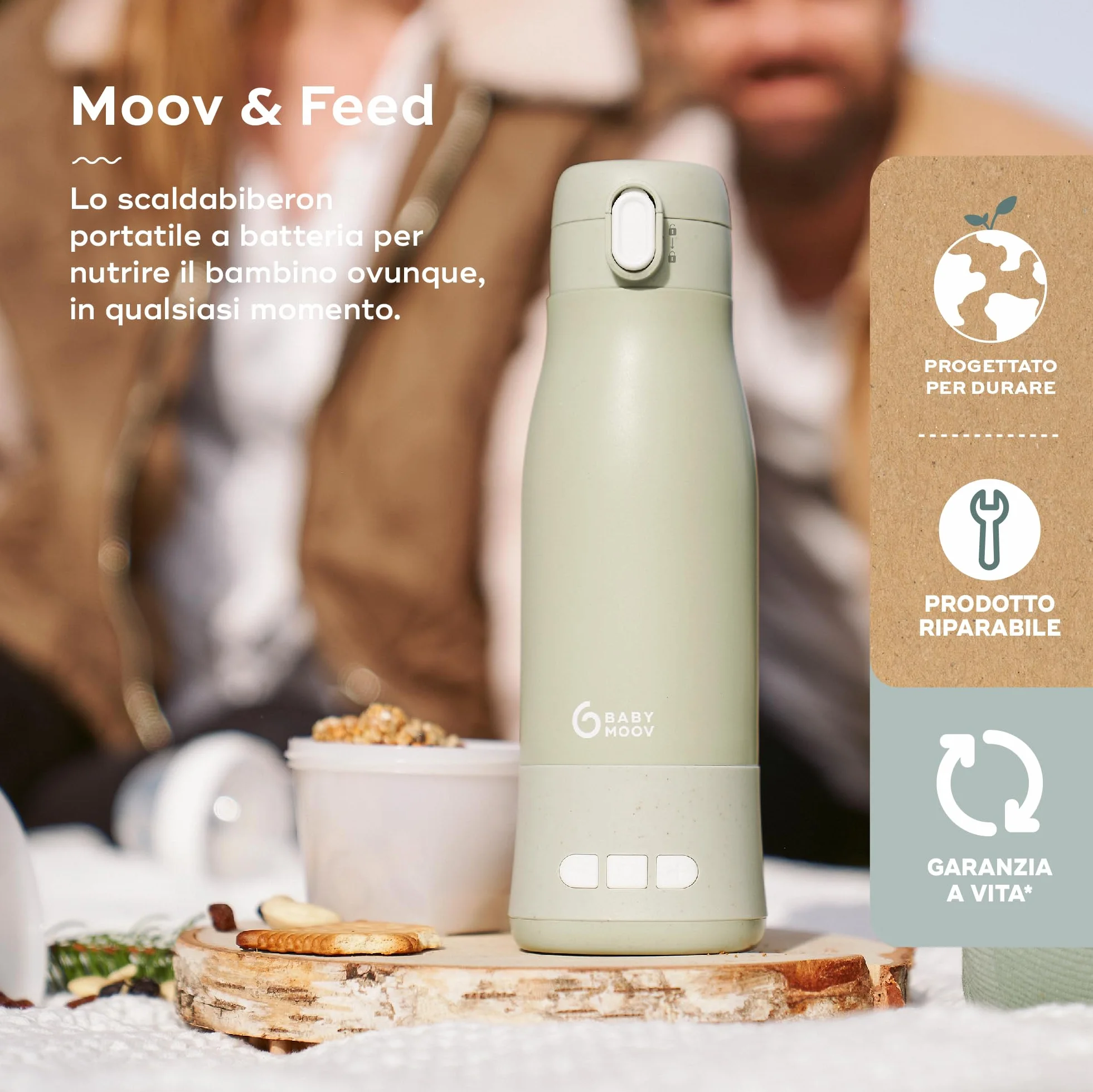 Babymoov Scaldabiberon da Viaggio Senza Filo Moov & Feed, Capacità 340 ml, Acqua o Latte Materno, Temperatura Regolabile, Mantenimento al Caldo (fino a 7 Ore), Ricarica USB, Sage Green