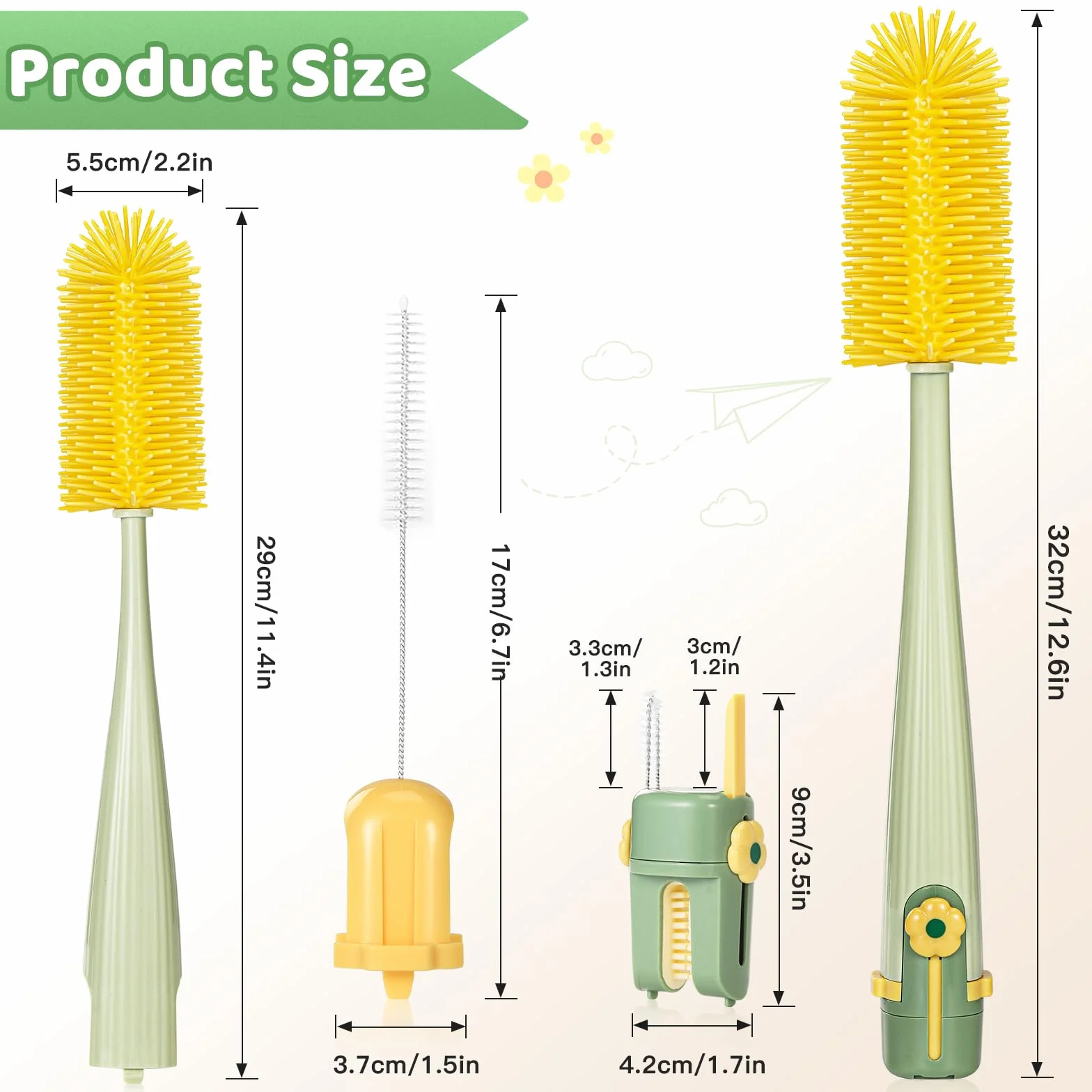 Pack de 2 Scovolino Biberon, 5-in-1 Scovolino Per Bottiglie con Spazzolino Integrato per Tettarelle, Cannucce, Pulisciorlo a U e Gancho Extractor, Durevole & Compatto, Verde