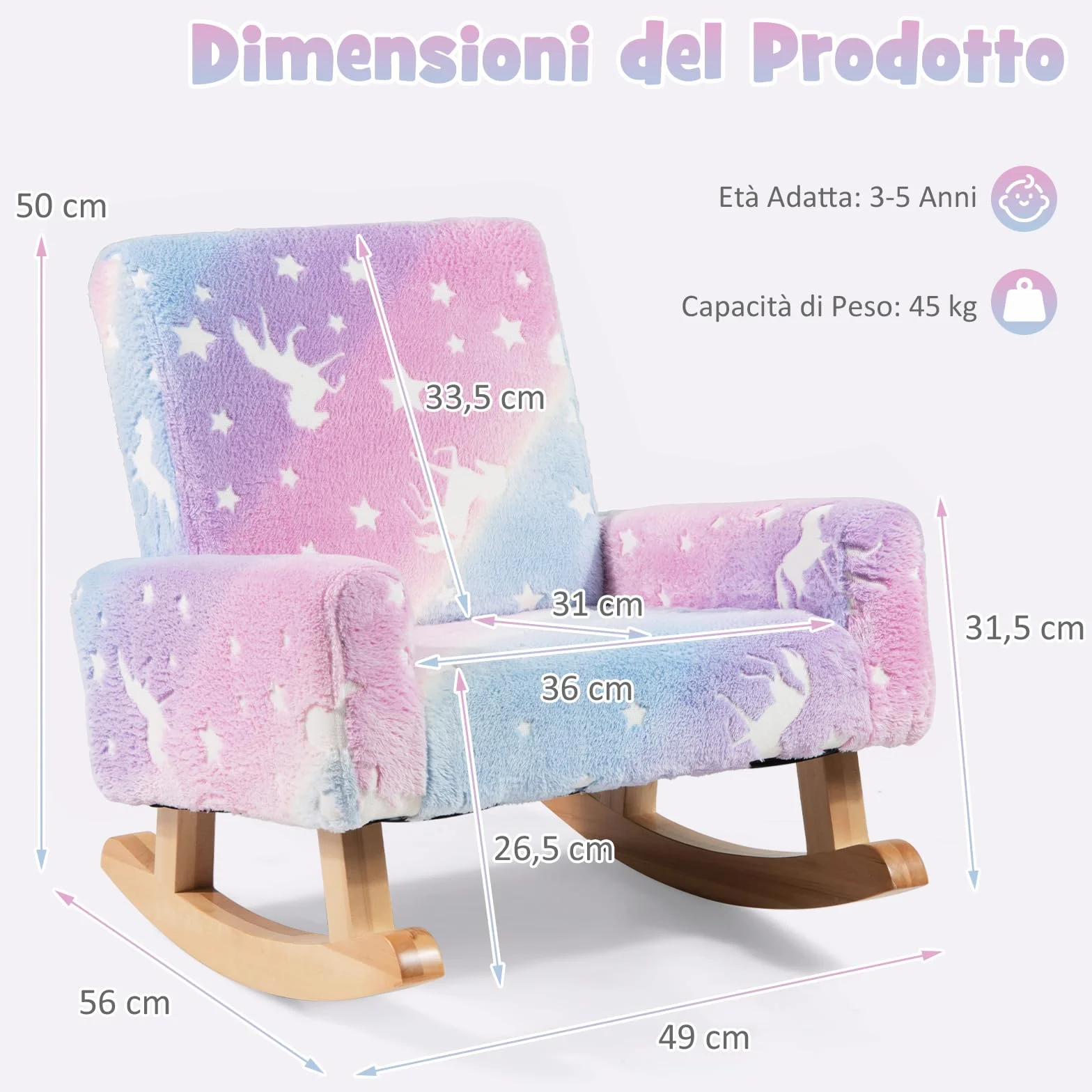 COSTWAY Sedia Dondolo per Bambini da 3 a 5 Anni, Poltrona in Flanella con Piedi a Dondolo in Legno, Motivi che si Illuminano al Buio,56 x 49 x 50 cm, Blu e Viola