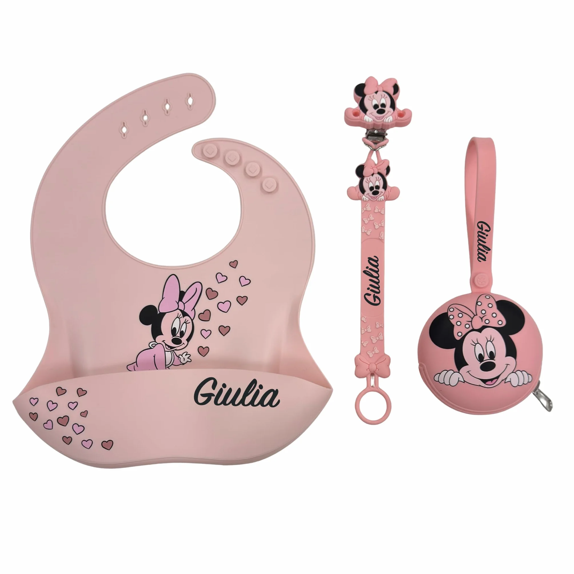 NOVITÁ Fettuccia IN SILICONE, Catenella portaciuccio personalizzata con nome FLAT BABYJART, lavabile, sicura per il bambino, compatibile con ciuccio MAM e CHICCO! (Minnie Rosa Pastello)