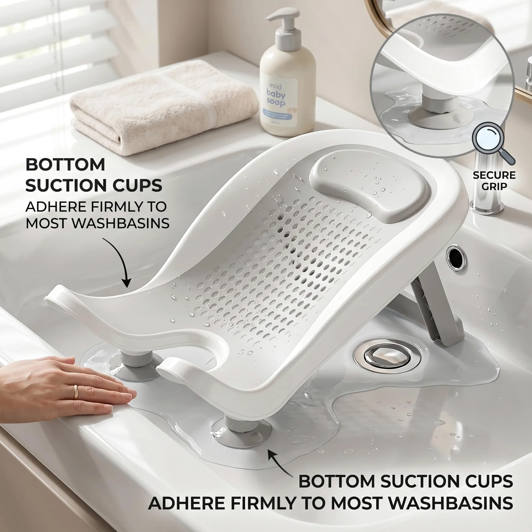 Sedili da bagno, Supporto per bagnetto, Vaschetta ergonomica per neonati con ventosa e soluzione per lavabo antiscivolo per gambe per 0-12 mesi - Grigio