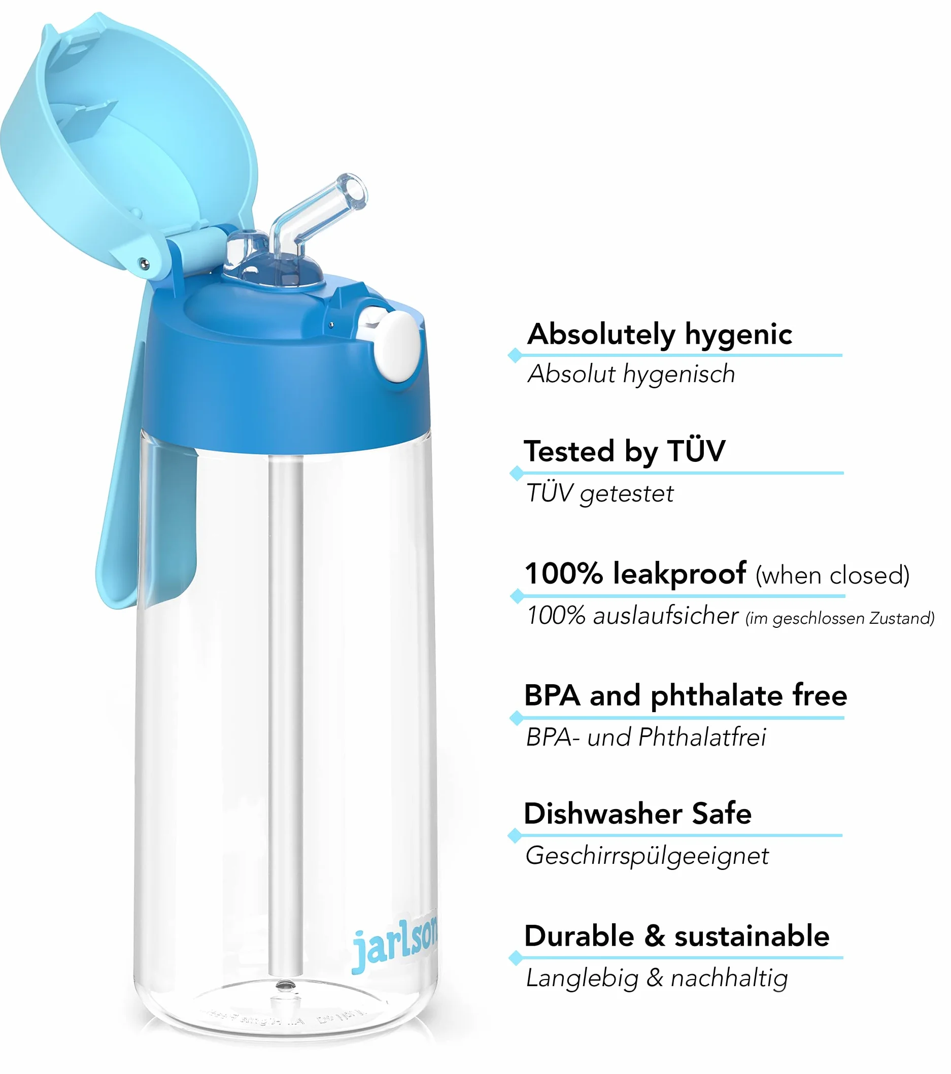 JARLSON® Borraccia Bambini EMI [500ML] - Borracce Antigoccia per Bimbi con Cannuccia - Bottiglia per Bambino e Bambina Lavabile in Lavastoviglie - Senza BPA e Ftalati - Ideale per Asilo e Scuola (Blu)