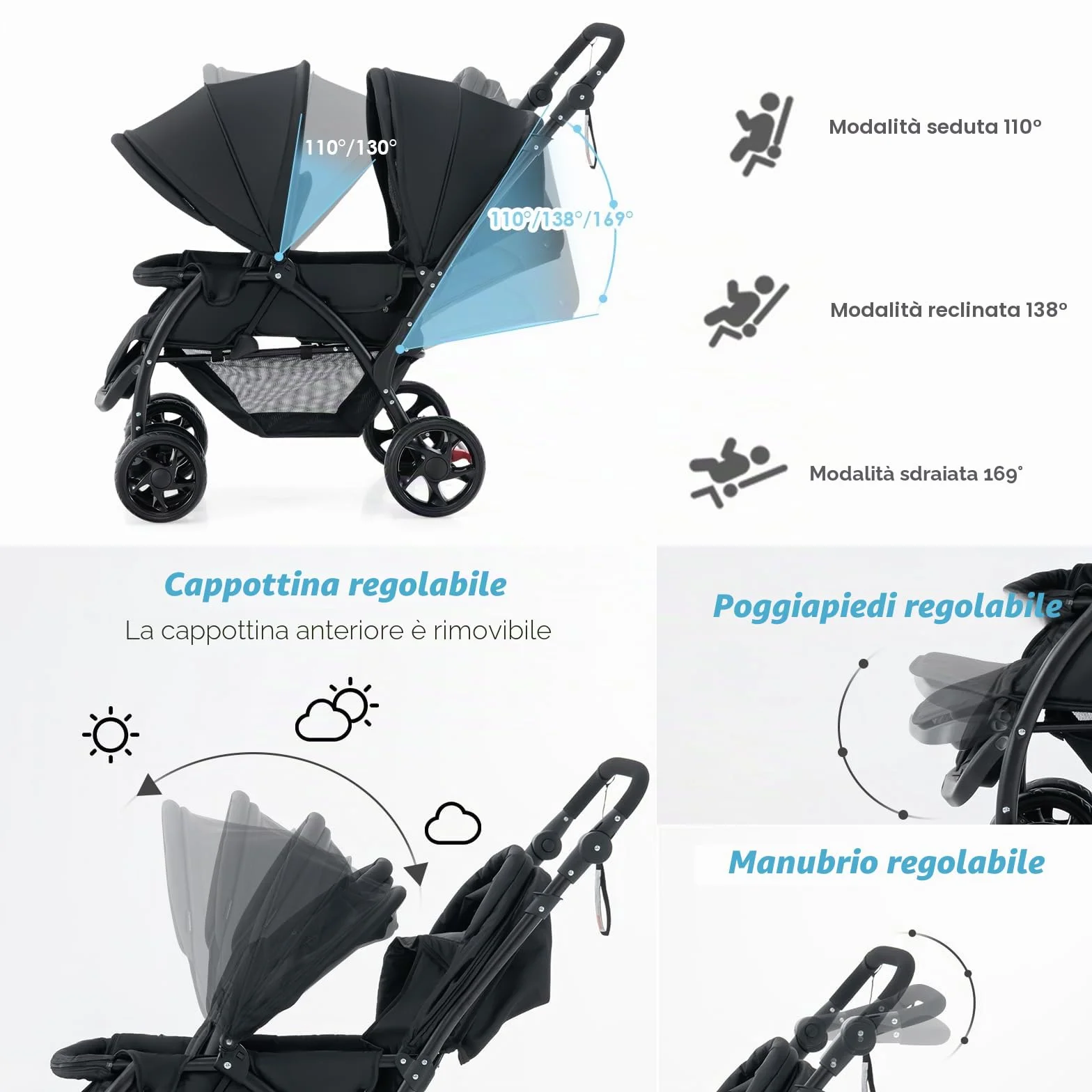 LIFEZEAL Passeggino Gemellare, Doppio, Carrozzina per Bambini, Passeggino da Viaggio, Leggero, Pieghevole, Compatto, Regolabile, Portatile, Reclinabile, Comodo, Max 30 kg, 123x57x95-110 cm (nero)