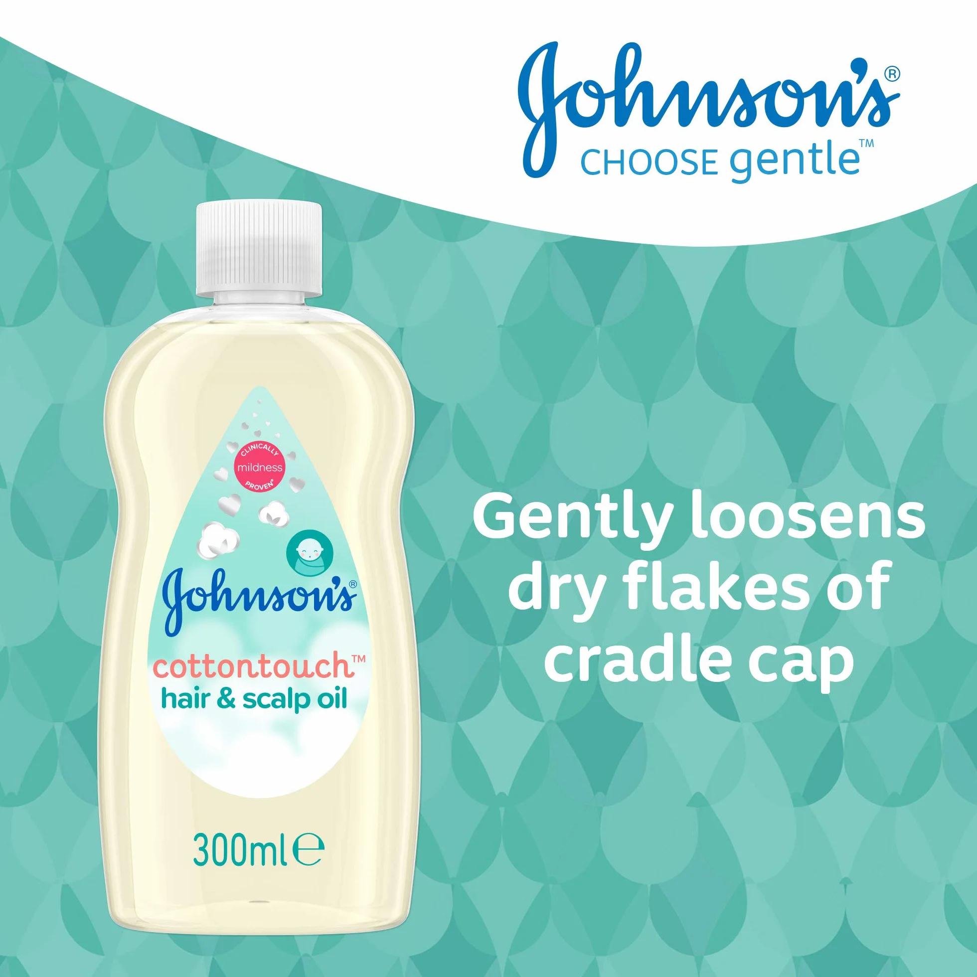 Johnson'S Baby Cotton Touch, olio per capelli e cuoio capelluto, clinicamente testato, adatto per la pelle appena nata, scioglie i fiocchi secchi causati da Cradle Cap, fragranza delicata, 300 ml
