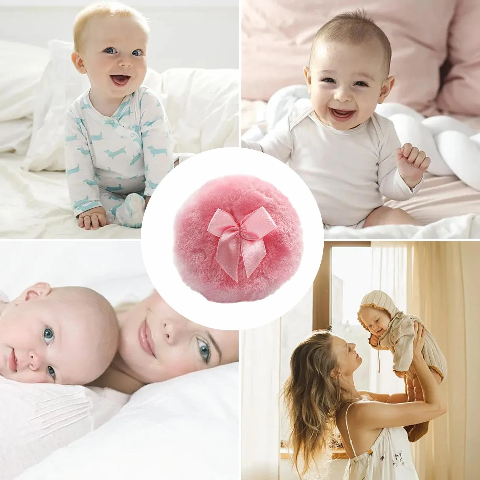 Houppette Per Bambino, Houppette Per Polvere Corporale, Sbuffo Di Polvere Rotonda Ultra Morbido Per Viso E Corpo Con Nodo In Nastro, Strumento Di Trucco A Secco Per Uso Domestico/Viaggio, Applicat