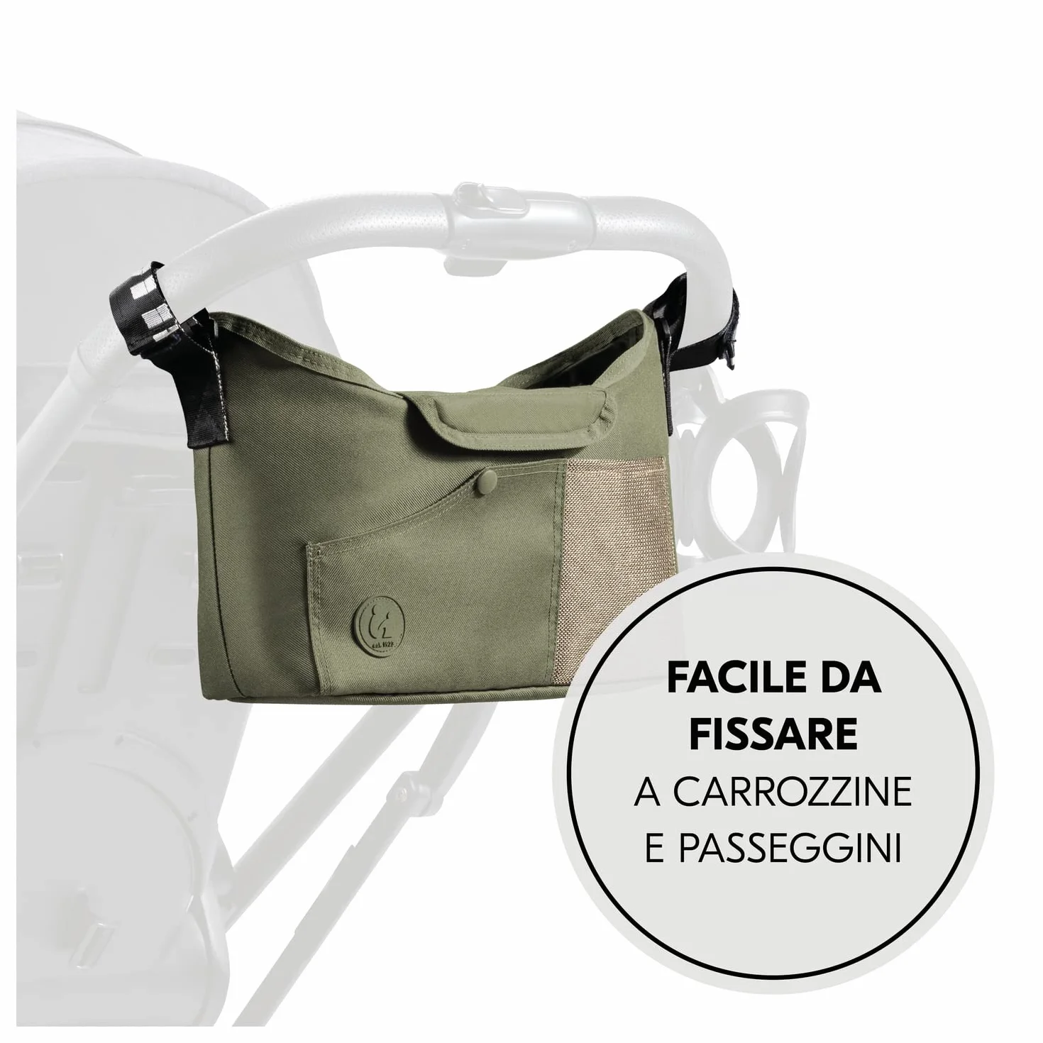 hauck Borsa Passeggino e Carrozzina, Verde Oliva - 35 x 10 x 22 cm - Borsone Portaoggetti con Portabibite di Facile Presa e Tasca in Rete - Chiusura a Strappo per Fissaggio al Manubrio