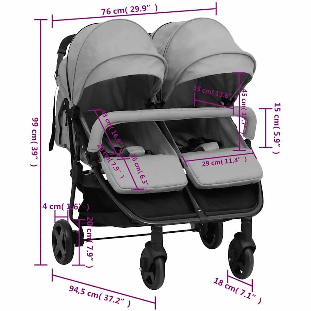 Passeggino doppio pieghevole per 2 bambini, passeggino gemellare fianco a fianco, passeggino compatto pieghevole, grigio chiaro e nero in acciaio