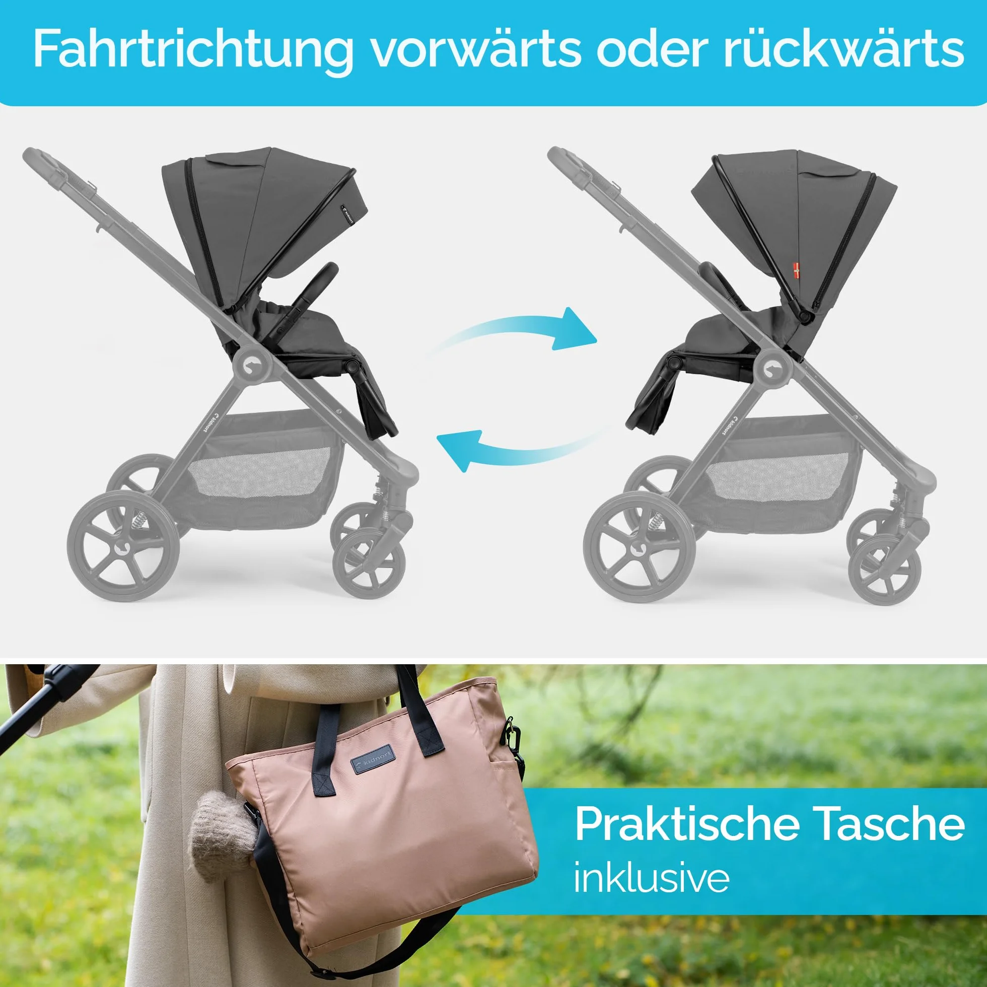 Älskar Passeggino reversibile, pieghevole, compatto, fino a 22 kg, schienale regolabile, tetto di protezione UV, cintura a 5 punti, copertura antipioggia, zanzariera, borsa grigio scuro