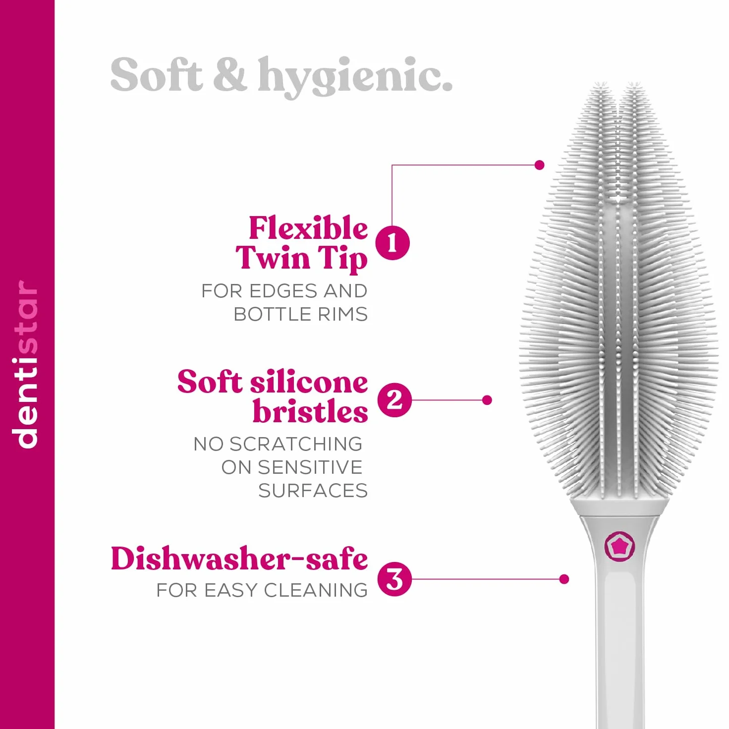 dentistar Spazzola Lunga per bottiglie in silicone – Spazzola per bottiglie per bottiglie, tazze e bicchieri, detergente per bottiglie flessibile con setole morbide in silicone – Senza BPA – Grigio