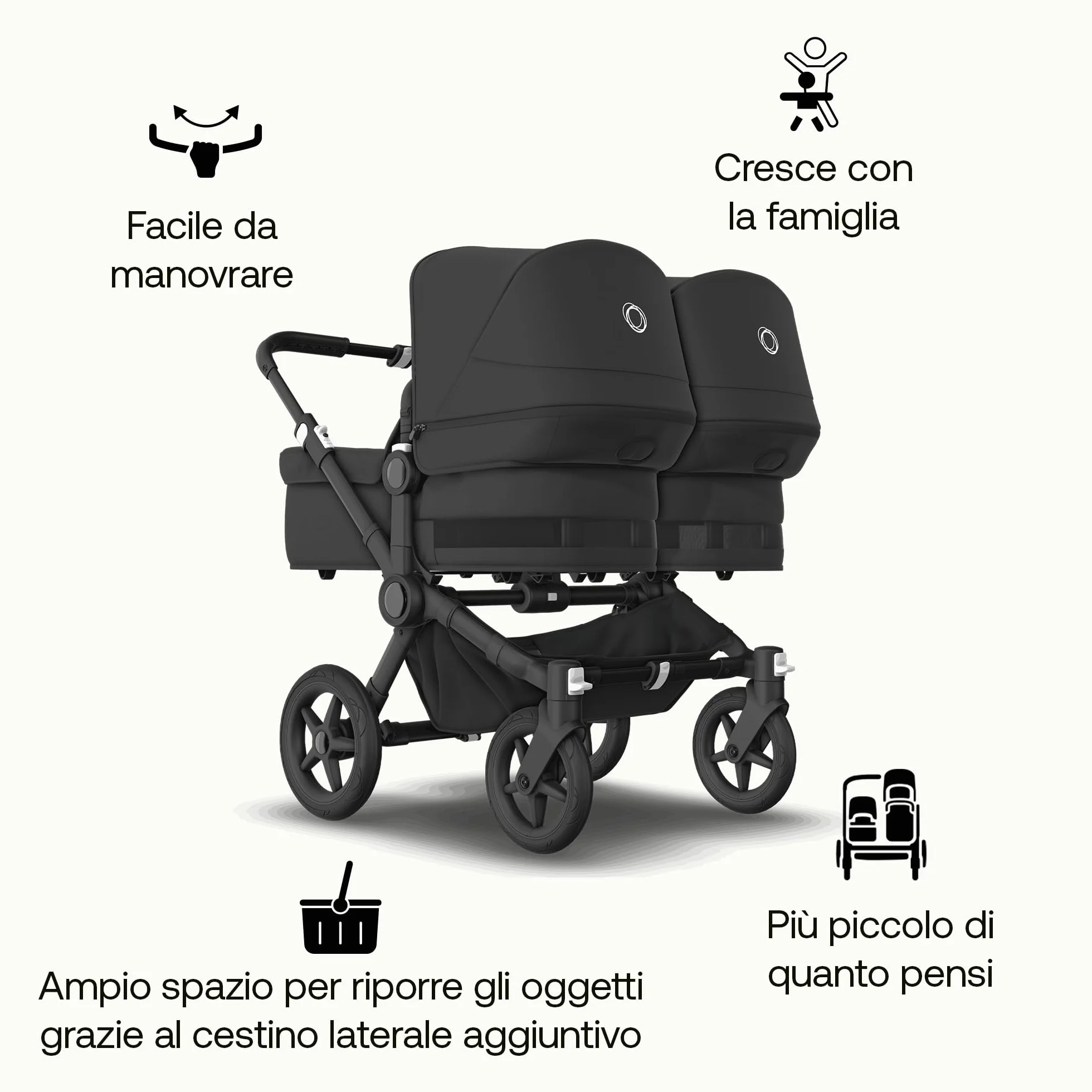 Bugaboo Donkey 5 Twin, Set di Conversione Passeggino Completo, Affiancato, Design Migliorato, Seduta Reversibile, Guida a una Mano e Archiviazione Espandibile, Midnight Black