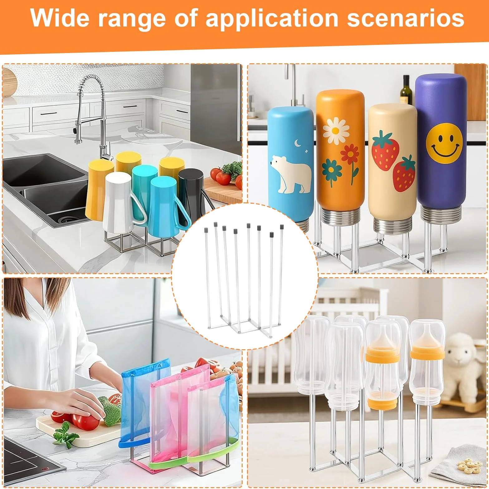 Scola Scolabottiglie e Borracce, Supporto per Asciugatura in Acciaio Inossidabile 304 con 8 Aste e Cappucci in Silicone, Base Pieghevole, Porta Bottiglie e Porta Biberon Multiuso