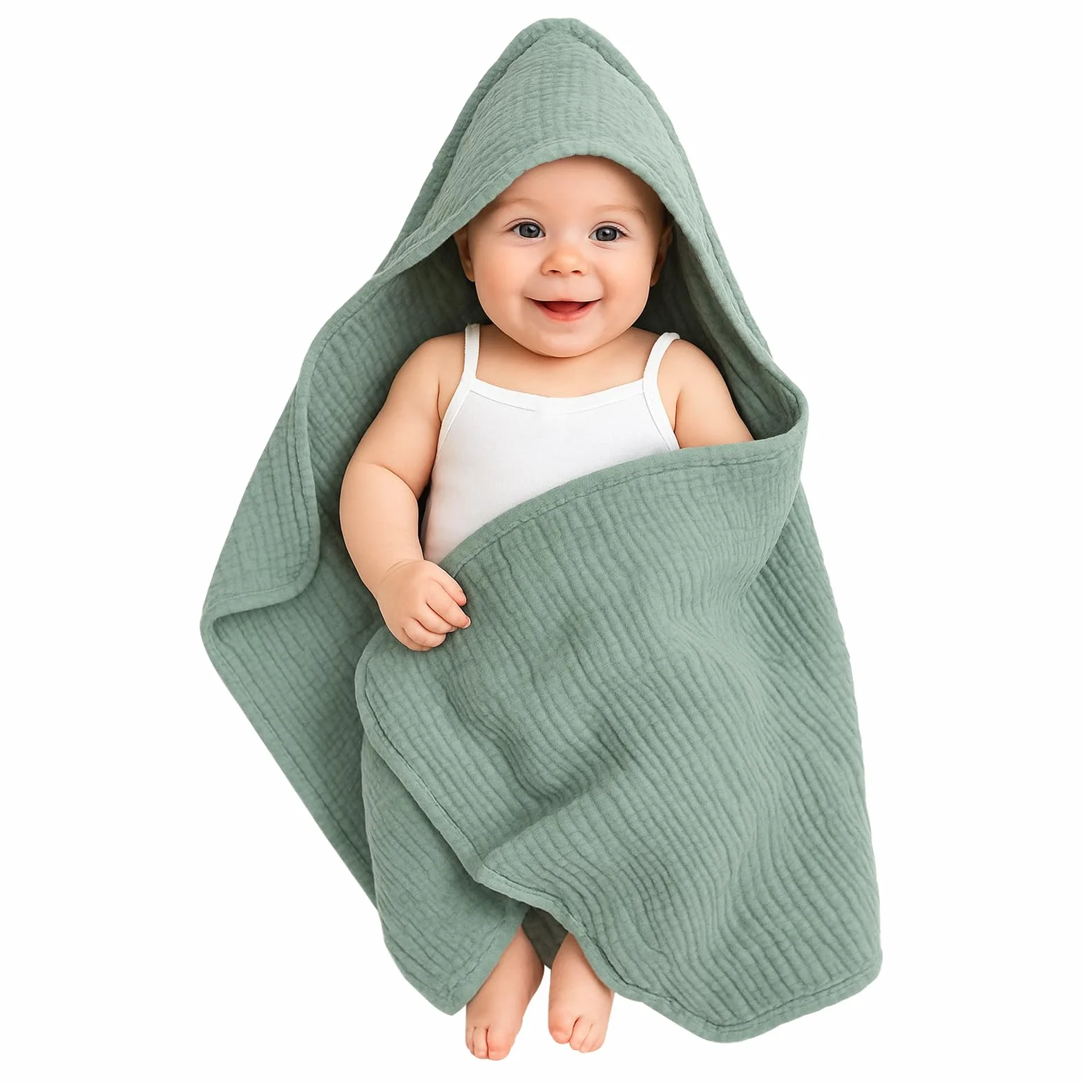 Asciugamano con Cappuccio per Neonati 80 x 80 cm Cotone Mussola Accappatoio Neonato Morbido Super Assorbente Mantella da Bagno per Bambini Asciugamano per Regalo-Verde scuro