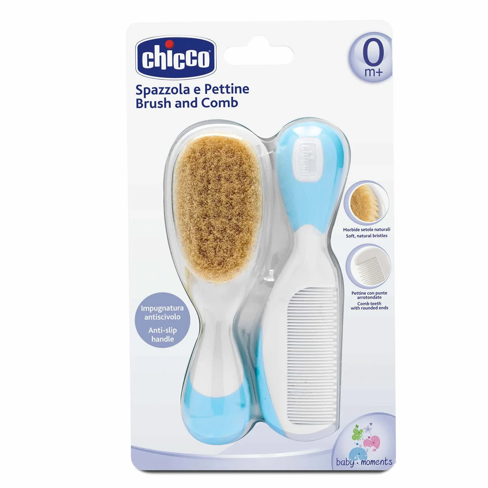 Chicco Set Spazzola e Pettine Capelli per Bambini, Spazzola Neonati con Morbide Setole Naturali, Pettine con Punte Arrotondate, Impugnatura Antiscivolo - Accessori Neonato 0+ Mesi, Azzurro