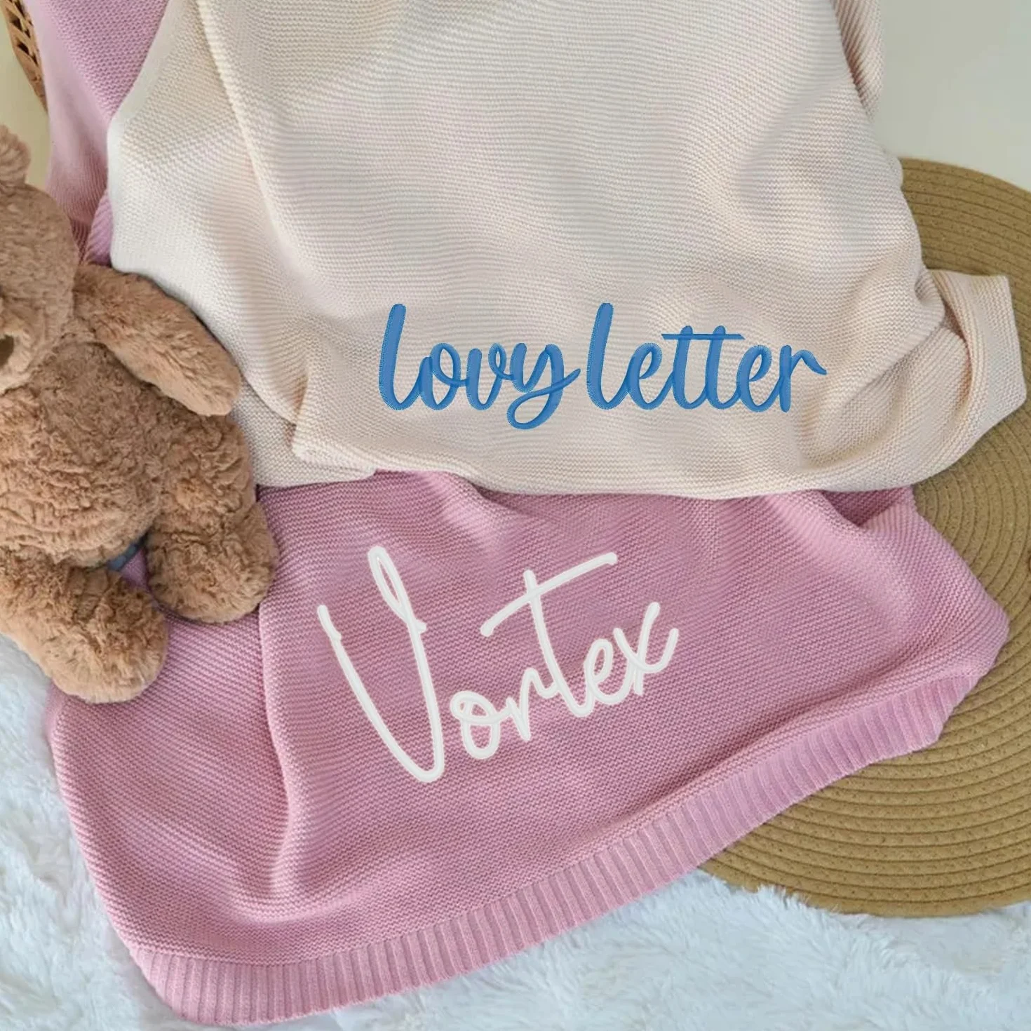 Coperte In Maglia Personalizzate Ricamate Con Nome, Coperta Per Neonati In Cotone Fatta A Mano Su Misura Per Maschio/femmina(Sky blue)