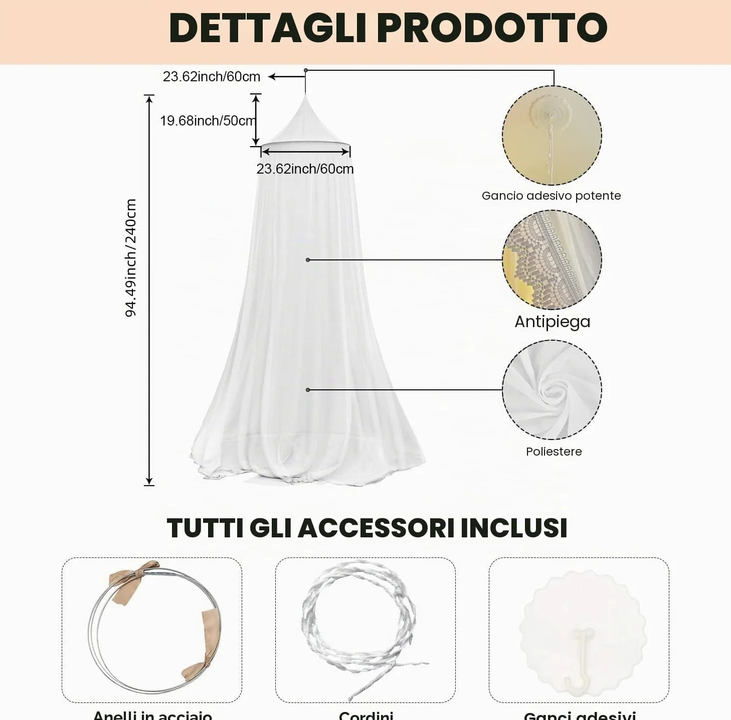 Baldacchino, baldacchino per cameretta dei bambini, baldacchino con pizzo pizzo, tende per letto a baldacchino per lettino da bambino, zanzariera Princess Bed Canopy