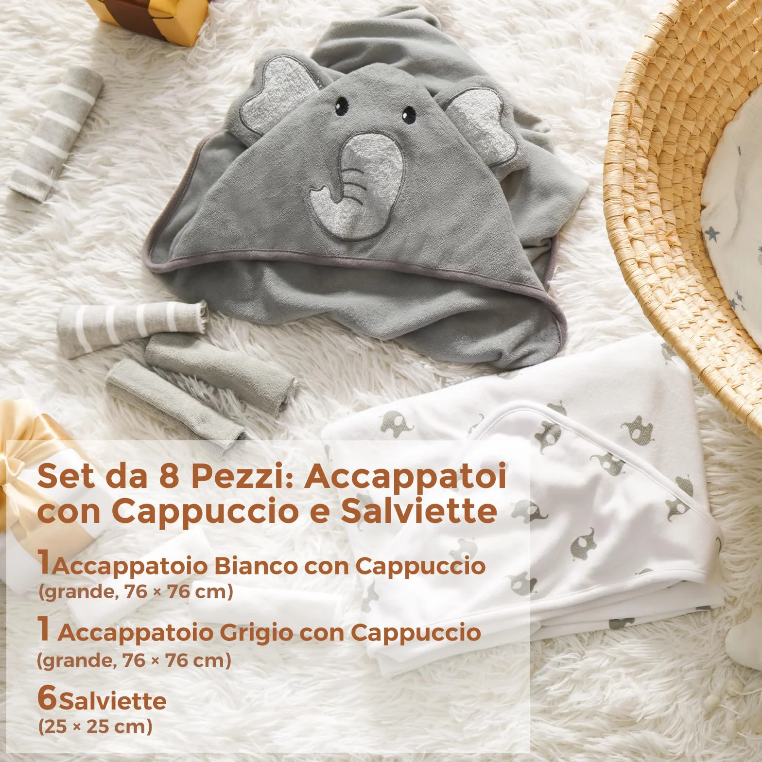momcozy Set Asciugamani per Bambini 8 pz con Cappuccio, 2 Accappatoi Neonato 76x76 cm + 6 Quadrati Cotone 24x24 cm, Morbido e Super Assorbente, Elefante – Regalo Nascita Bimbo, Regali Neonata Femmina