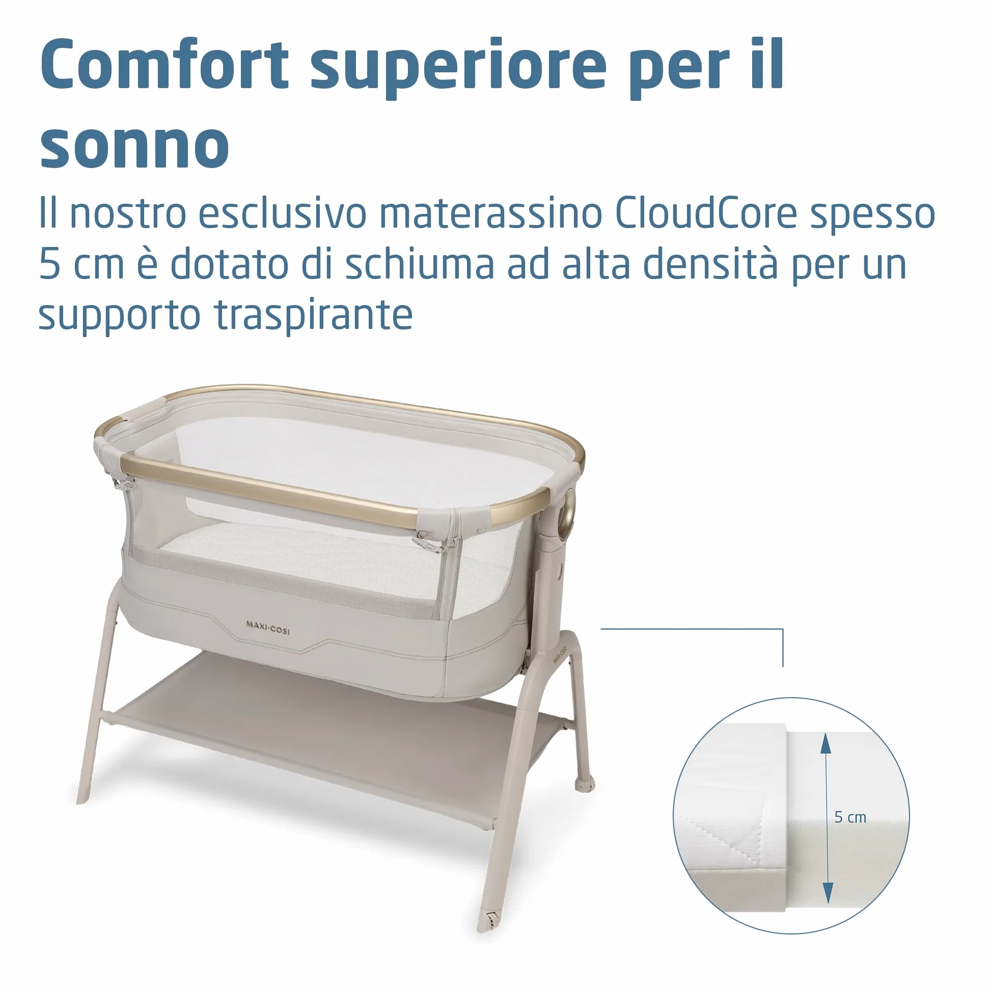 Maxi Cosi Iora² Culla Co-Sleeping, 0–6 Mesi (9 kg), Culla Neonato Fianco Letto Pieghevole e Leggera, Materasso 5 cm CloudCore, 5 Livelli, 2 Ruote Scorrevoli, Funzione Easy Slide, Elegance Beige