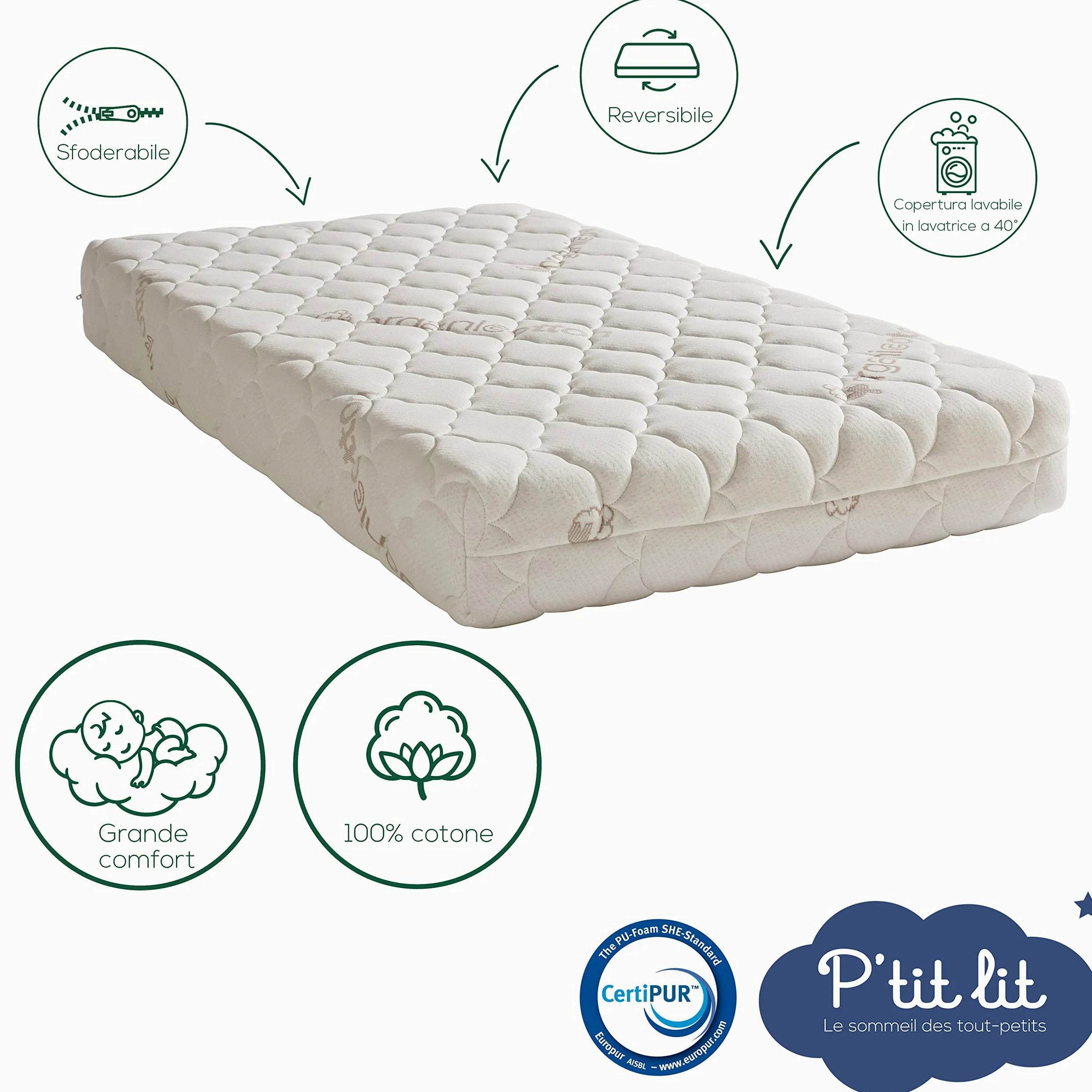 P'tit Lit - Materasso Lettino Cotone Biologico | 60x120 cm | 100% Cotone: Materia naturale di origine vegetale | Senza trattamento chimico | Sfoderabile | OekoTex® | Fabbricazione europea