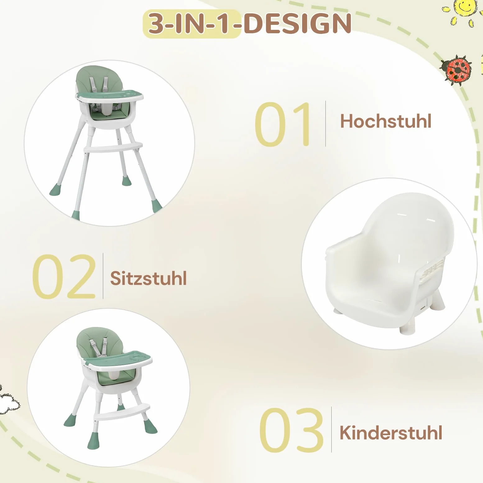 LEADZM Seggiolone 3 in 1, regolabile per sgabello basso, doppio vassoio rimovibile, con cintura di sicurezza a 5 punti, carico massimo 15 kg, adatto per bambini dai 6 ai 36 mesi (verde)
