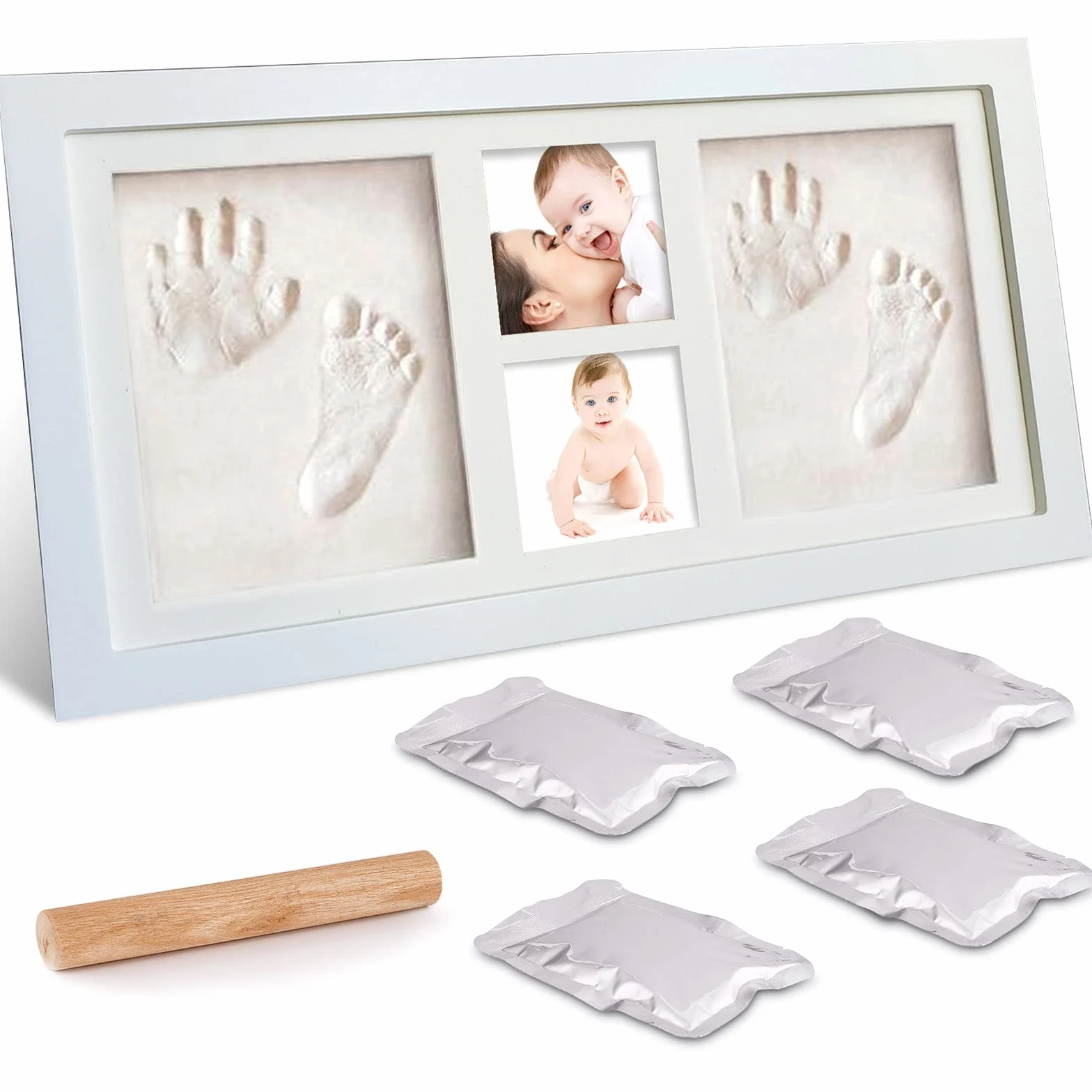 Cornice Portafoto con Impronta della Manina e del Piedino del Bebè in Argilla, per Neonato Kit -Il regalo bimbo perfetto