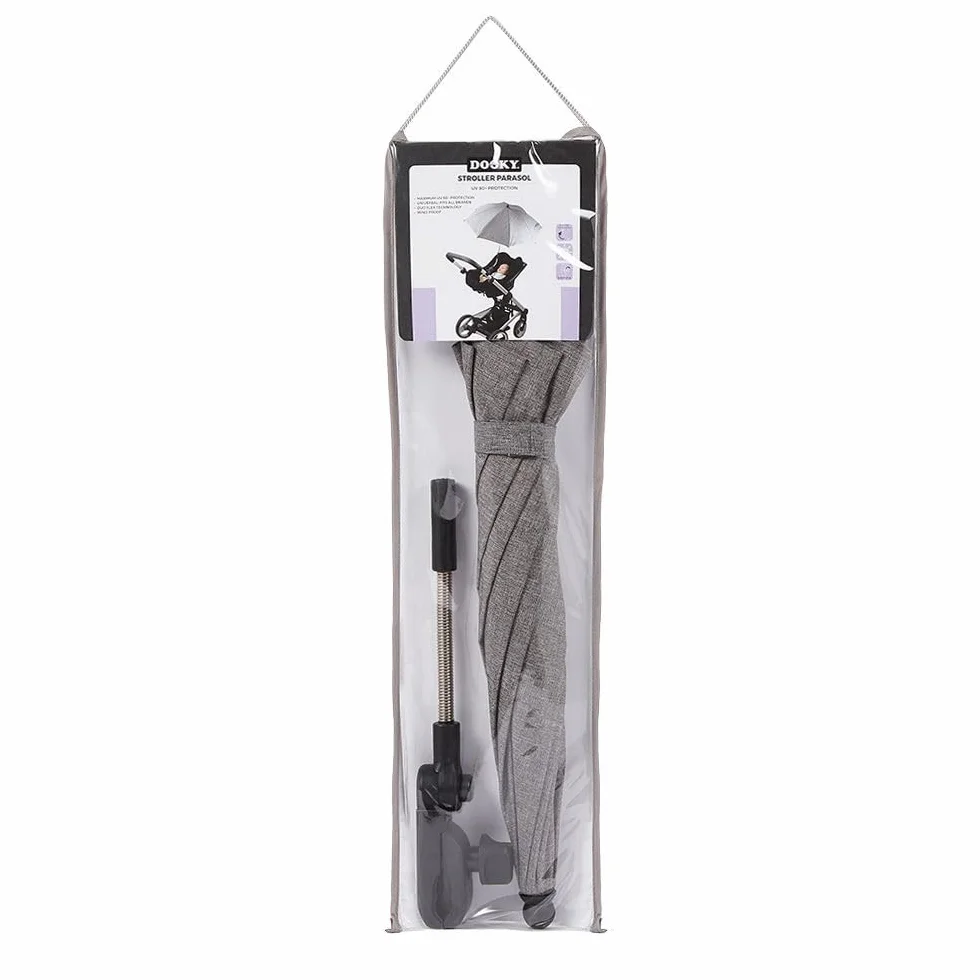 Ombrellone Dooky per carrozzina o passeggino (universale e flessibile, protezione UPF 50+, flessibilità di 180 gradi, tecnologia flex, sistema easyfix, idrorepellente), Grigio