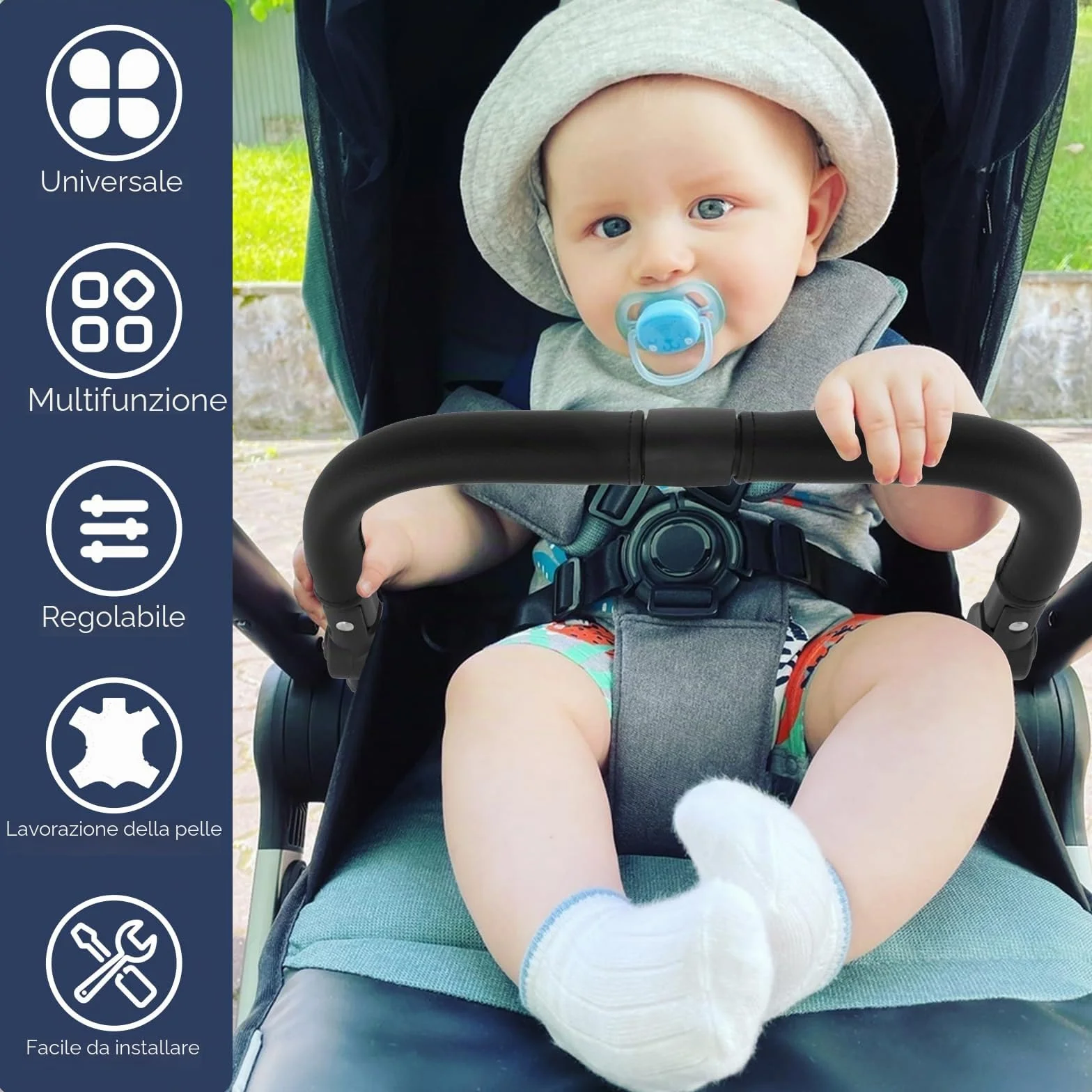 Manicotto Paracolpi per Passeggino con Angolo Regolabile, Maniglione Multifunzionale per Passeggino, Barra Trasversale Rimovibile per Passeggino per Bambini