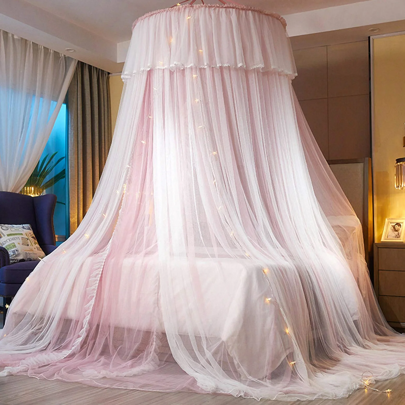 VARWANEO Tenda a baldacchino per letto da principessa, tenda a baldacchino a doppio strato in rete velata, zanzariera per letto matrimoniale, king size, rosa e bianco