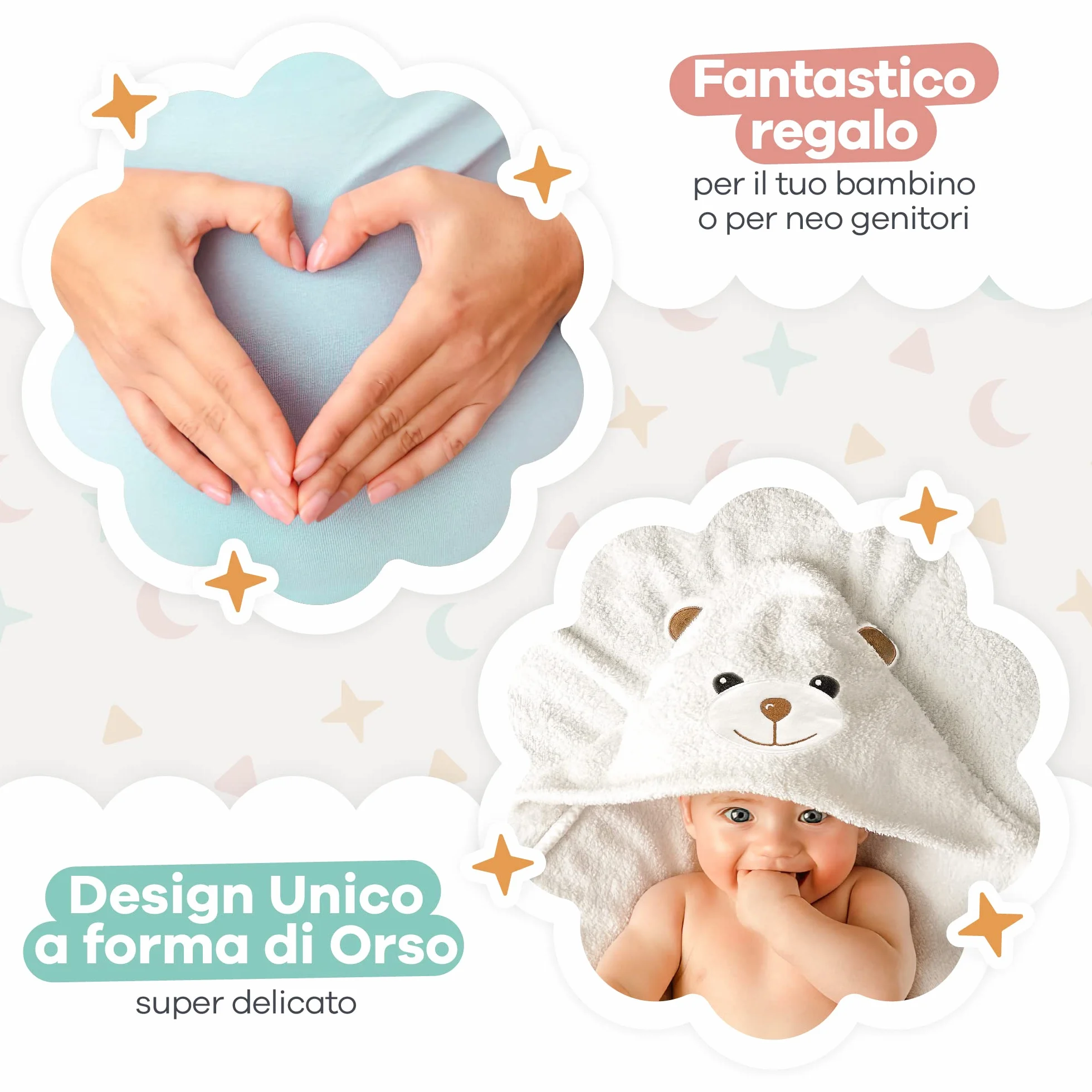 Accappatoio Neonato 6-12 mesi fino a 5 anni 90 x 90 cm, Asciugamano Neonato Bagnetto 100% Cotone Naturale, Soffice e Delicato per la Pelle- Accappatoio bambino a forma di orsetto (Orsetto)