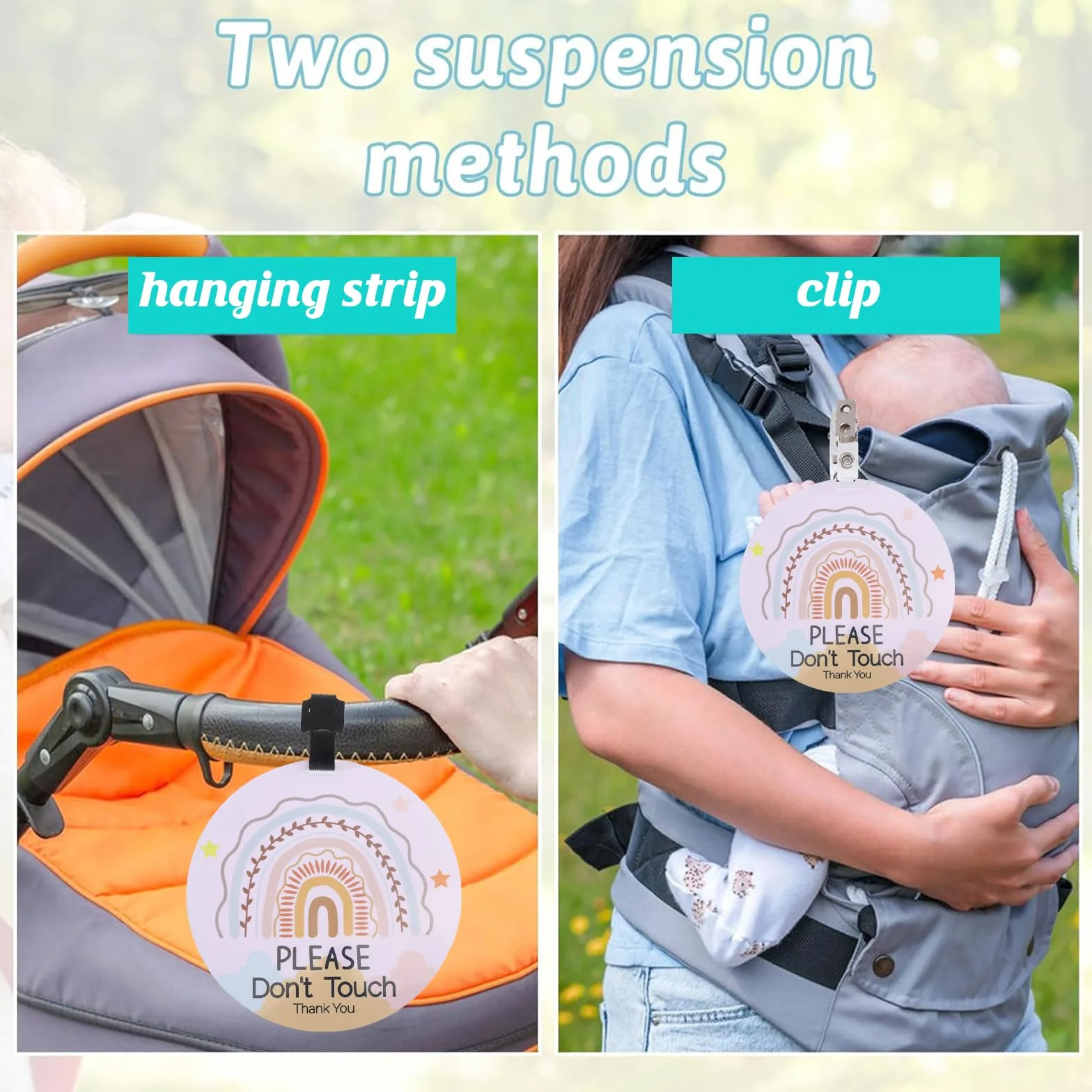 ORIGACH Set di 2 Etichette per Passeggino "Non Toccare", Modello Bohémien Arcobaleno con Cintre di Sospensione e Clip, Etichette di Sicurezza per Neonati da Applicare su Seggiolino Auto e Culla