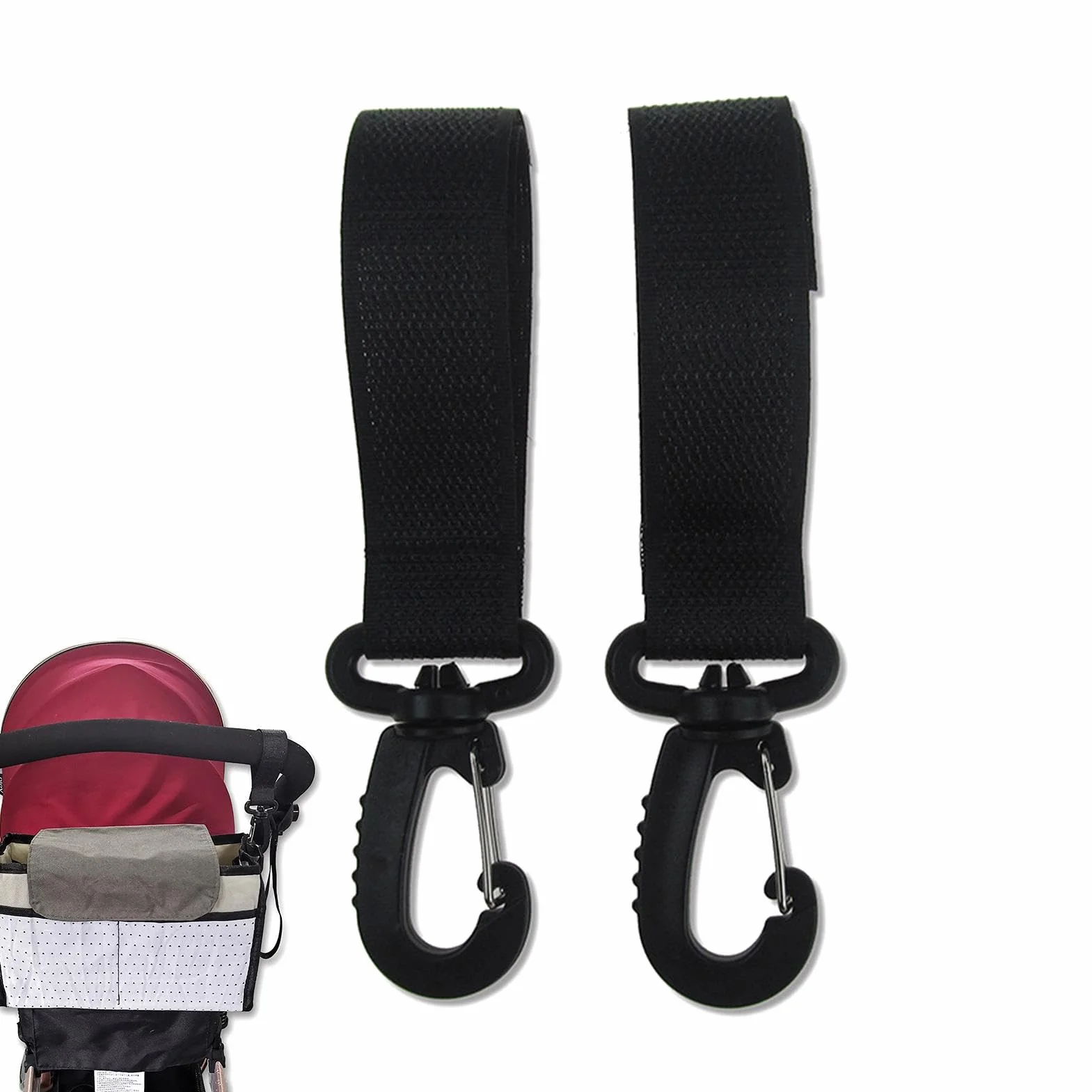 Gancio per passeggino – Moschettone per passeggino, ganci rotanti per borsa del passeggino | Moschettoni a clip girevoli a 360 gradi, 2 moschettoni per le mani, grande gancio per borsa della spesa