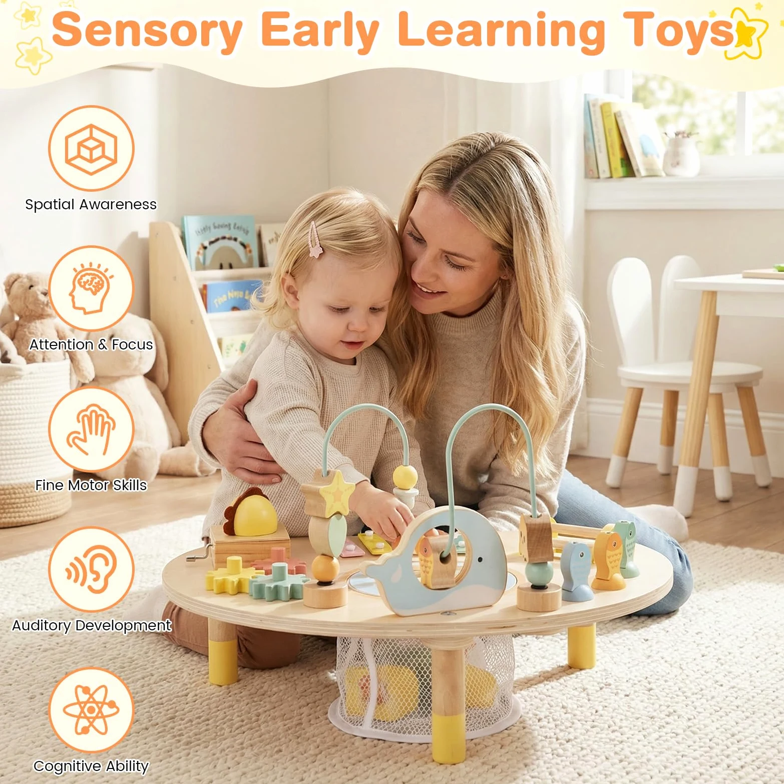 FANTASK Montessori - Tavolo da attività in Legno, per Bambini a Partire da 1 Anno, Giocattolo educativo con Loop per motorie, Gioco di Pesca, xilofono, Carillon e selezionatore, Tavolo da Gioco per
