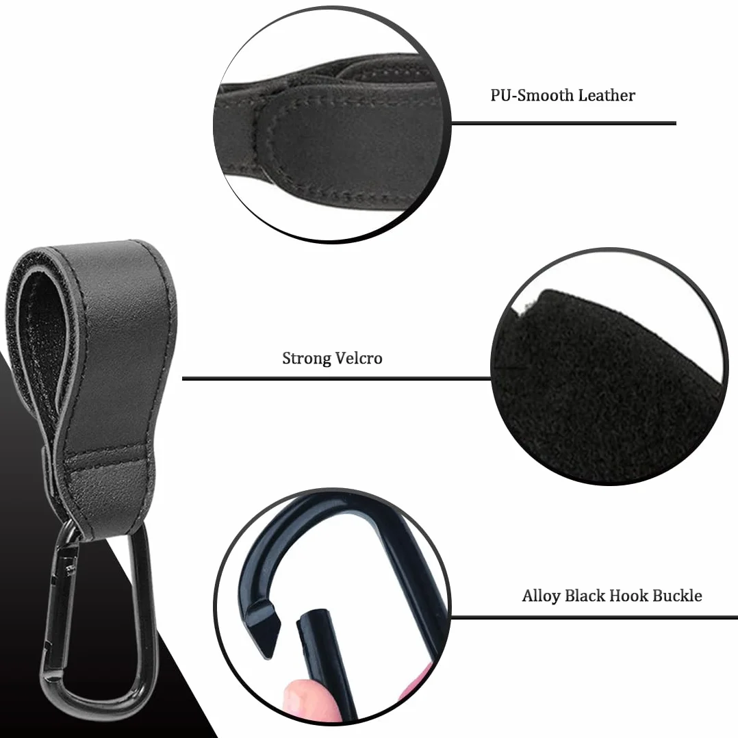 2 Ganci in Pelle Nero, Gancio per Passeggino in Pelle per Pannolini, Accessori Universali per Passeggino, per Borse della Spesa, Zaini e Borse a Mano (Nero)