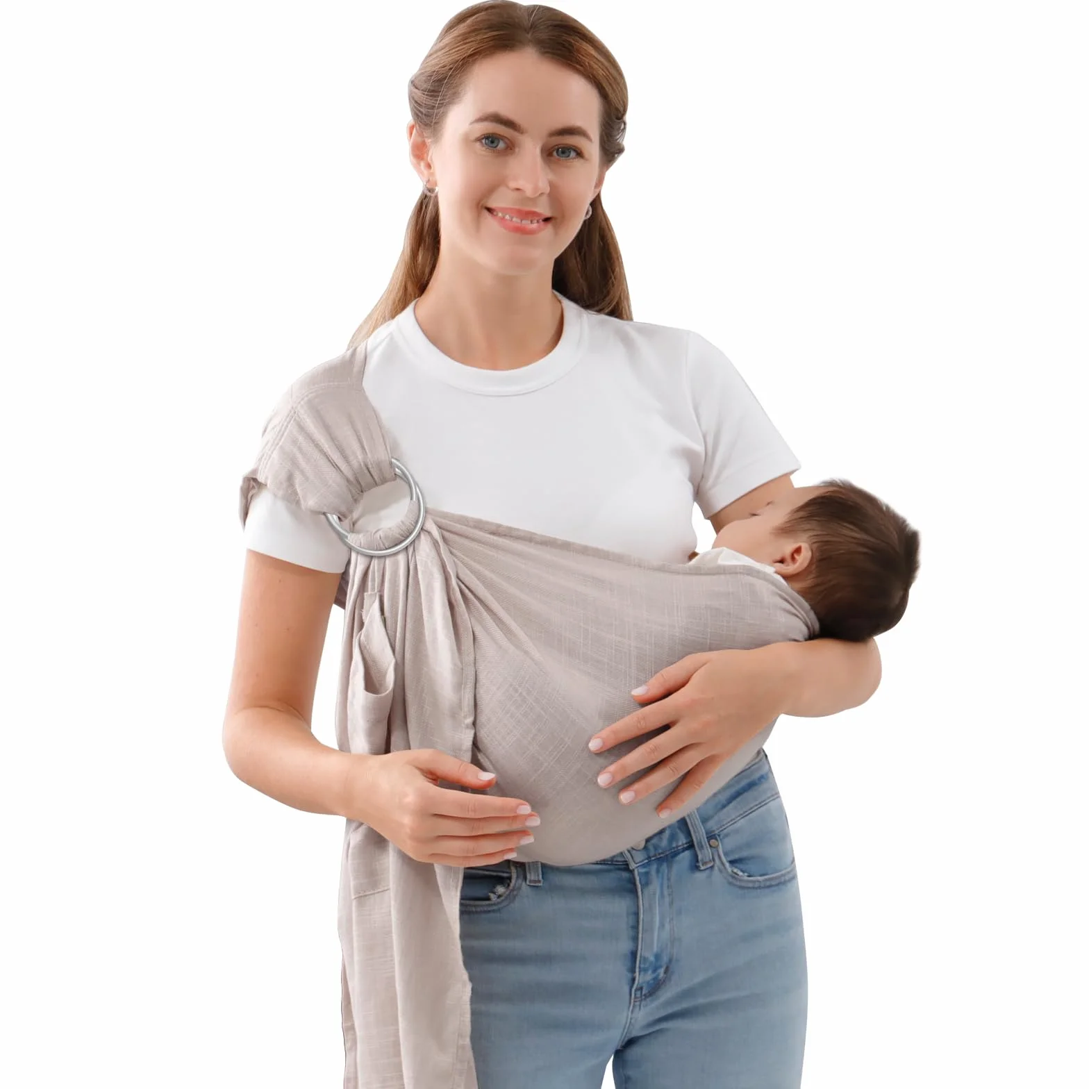 Fascia portabebè per neonati e bambini, regolabile, traspirante, in mussola con doppio anello, ideale come regalo per i neo genitori (grigio)