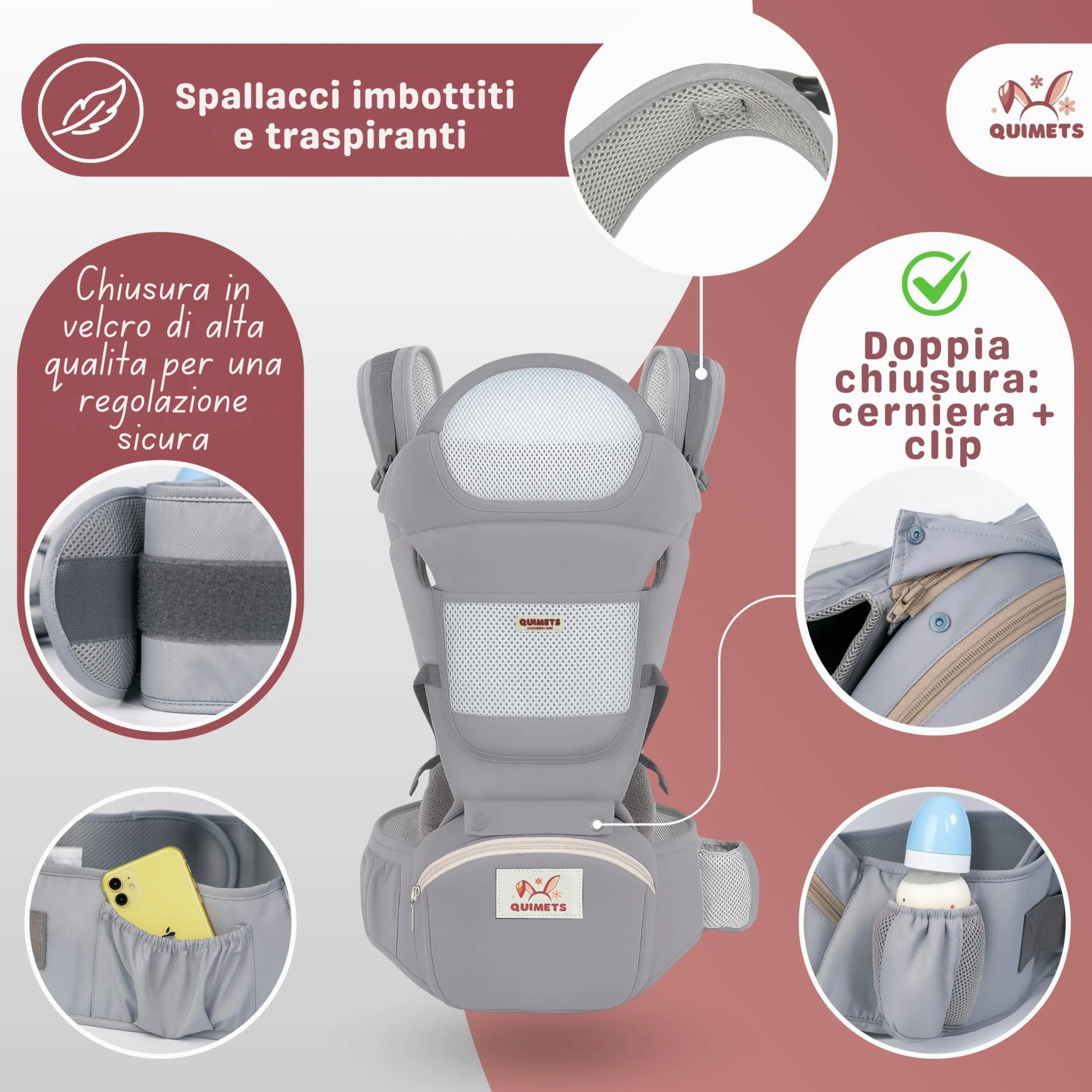 Marsupio neonato 0-36 mesi ergonomico 6 in 1 – Zaino porta bambino regolabile con seduta removibile, supporto lombare, tessuto traspirante e mussola in omaggio