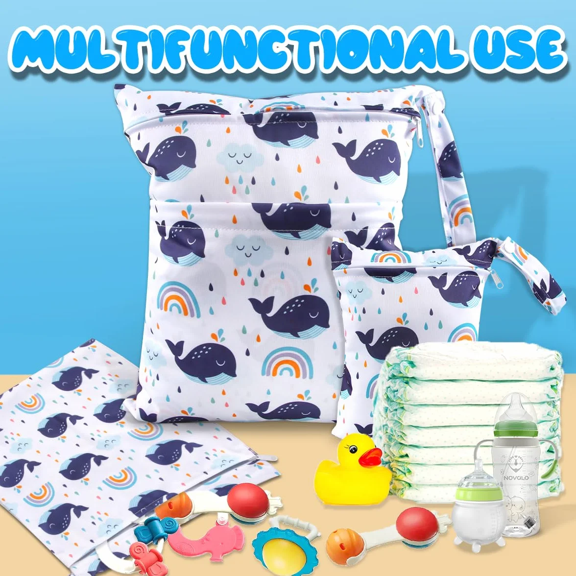 EKKONG Wetbag, 3 pezzi Wet Bag Borsa, Wetbag Pannolini Riutilizzabile, Borsa per Pannolini Lavabili Riutilizzabile, Sacchetto del Pannolino Lavabile con Zip Impermeabile Organizzatore (Balene)