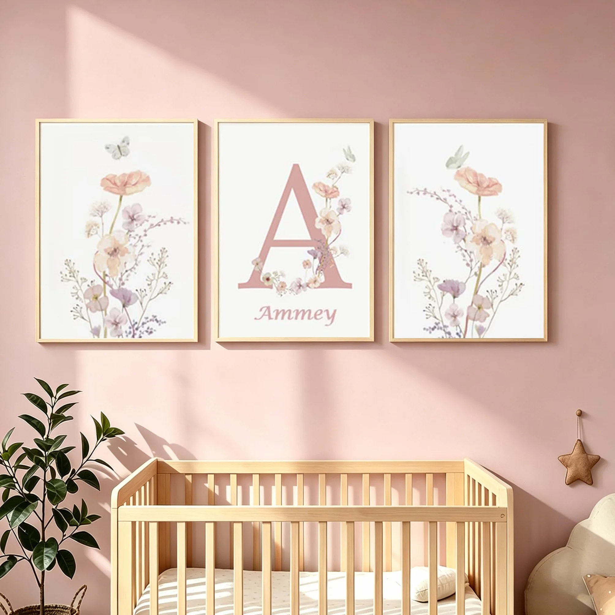 Youihom 3 Quadri Bambini Nome Stampe Cameretta Bimba Floreali Rosa 30 x 40 Quadretti Personalizzati Bimba Poster Camera Neonato Tela senza Cornice