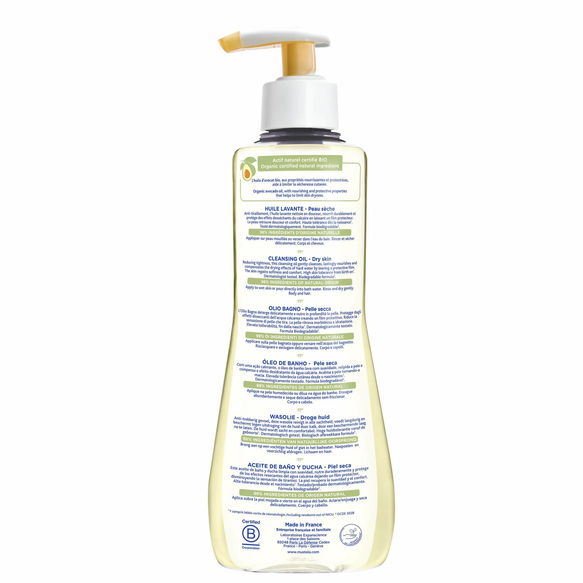 Mustela Olio Bagno Detergente con Perseose di Avocado BIO, Corpo e Capelli, Neonati e Tutta la Famiglia - Non Brucia agli Occhi, Specifico per Pelle Secca, 98% Ingredienti di Origine Naturale (500ml)