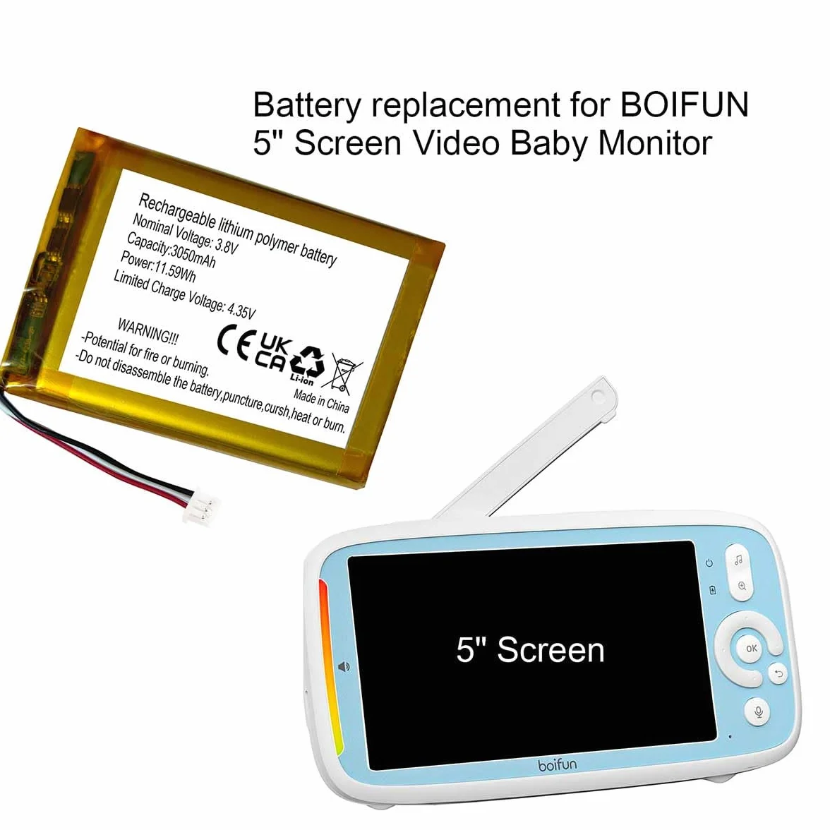 AOLIKES Batteria di ricambio 3,8 V 3050 mAh per BOIFUN BM928 / BM927 / BM925 / VB805 5" schermo video baby monitor