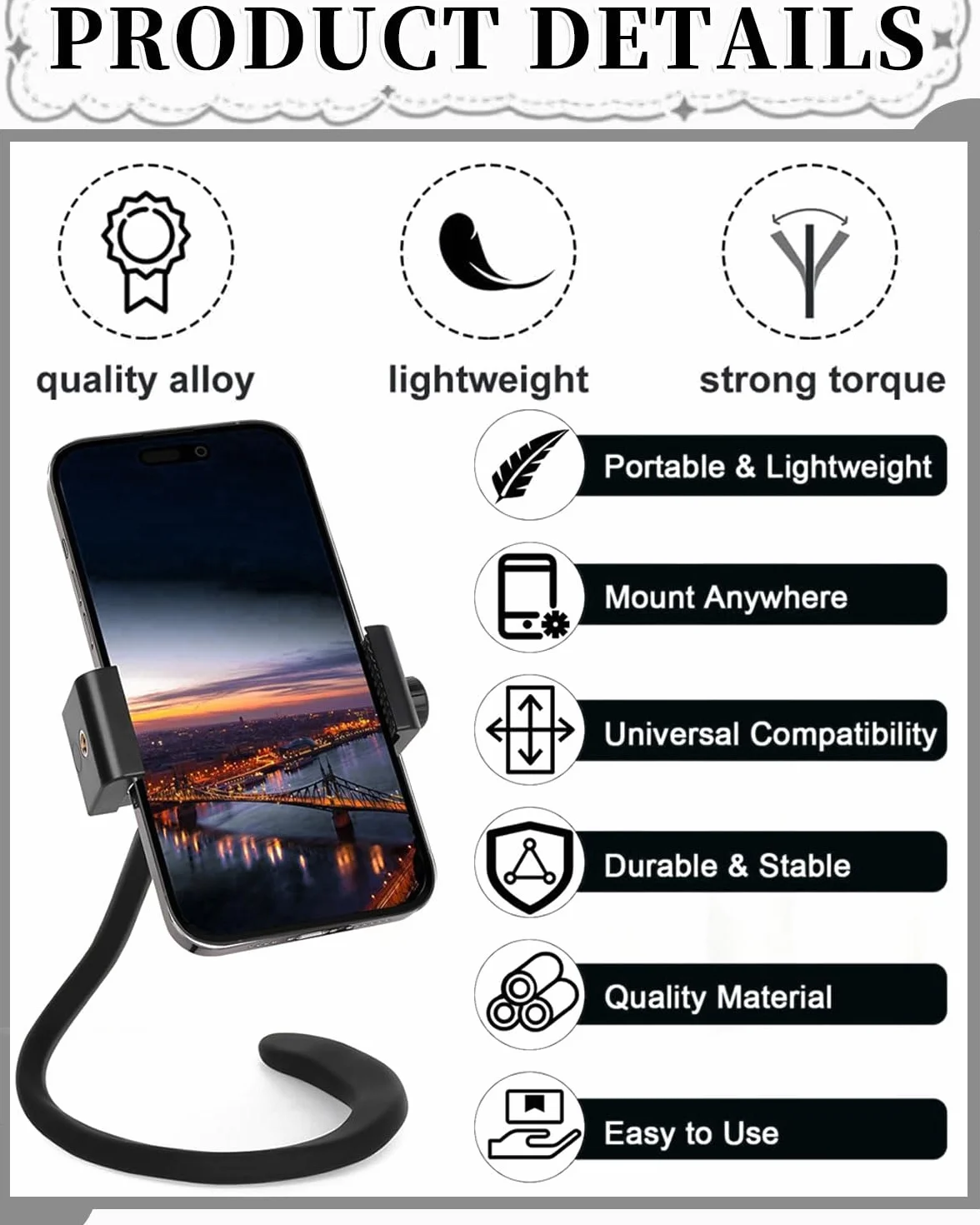 Supporto Cellulare per Passeggino, Flessibile Porta Cellulare per Passeggino con Impugnatura per Braccio Antiscivolo Lega Morbida Morsetto per Telefono per Passeggino Scrivania