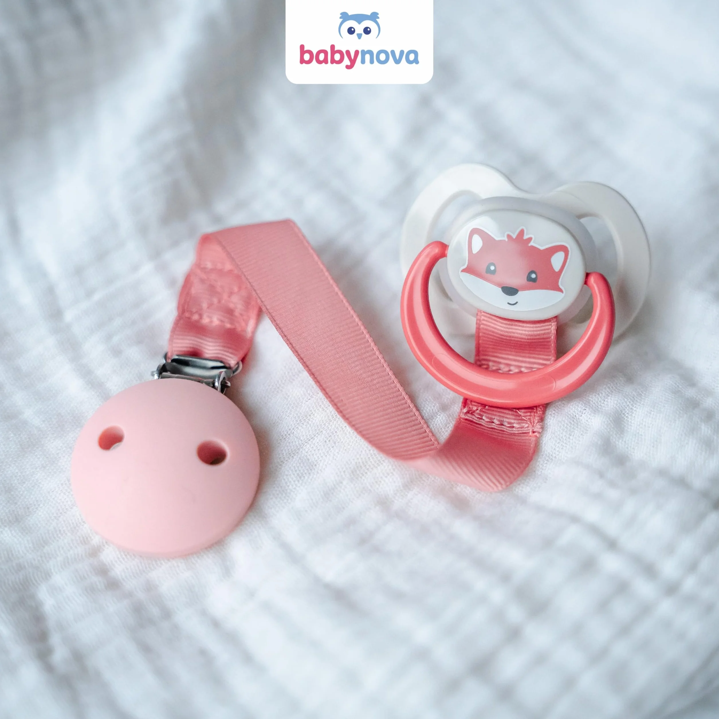babynova Catenella portaciuccio con cinturino in tessuto, clip e anello in silicone – Portaciuccio per neonati – Adatto a qualsiasi ciuccio – Essenziale per neonati – Senza BPA – Blu